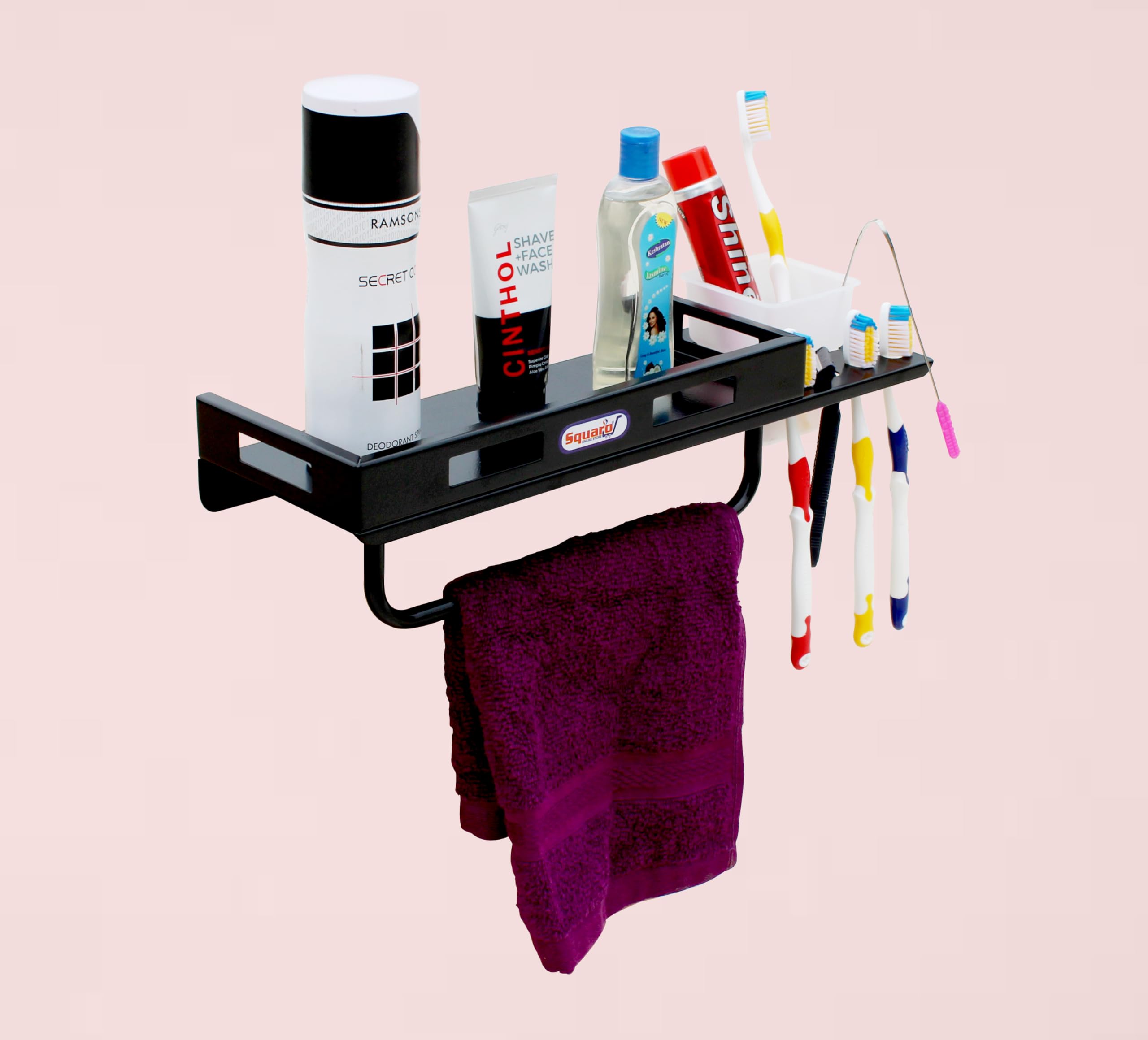 SQUARO GI Metal 3 in 1 Multipurpose Bathroom Shelf/Rack/Towel Hanger/Tumbler Holder/Toothbrush Holder/Bathroom Accessories (Black,15 x 5 Inches) - Pack of 1 (B0CJYCZRZD) Amazon Price History, Amazon Price Tracker
