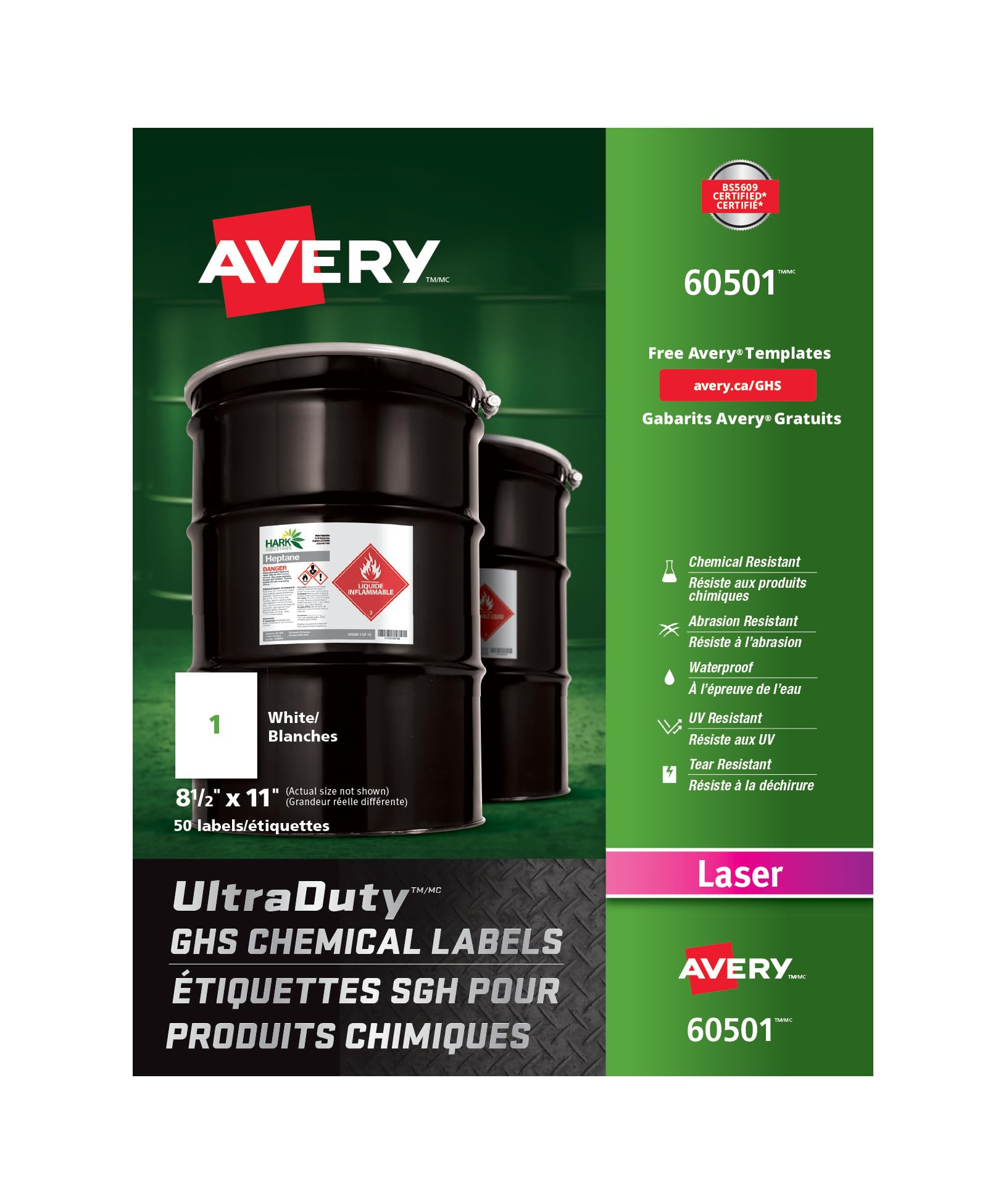 Avery UltraDuty GHS Chemical Labels, 8-1/2" x 11",for Laser Printer, Permanent White, Rectangle, 50 Waterproof & UV Resistant Labels, (60501)