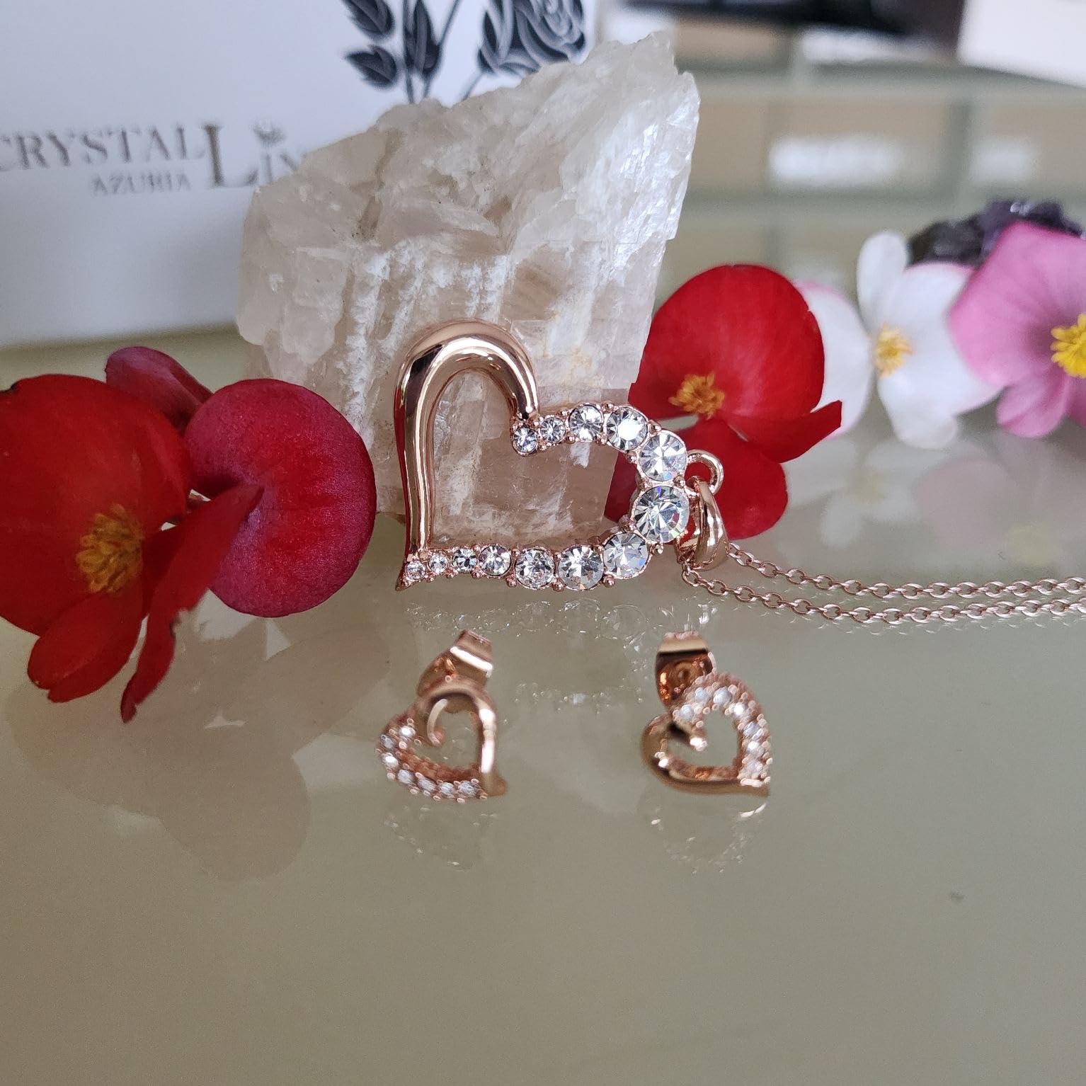 Crystalline Azuria Mujer 18ct Chapado en Oro Rosa Blanco Cristales Amor Corazón Juego de joyas Collar Pendientes para Mujer y Niña