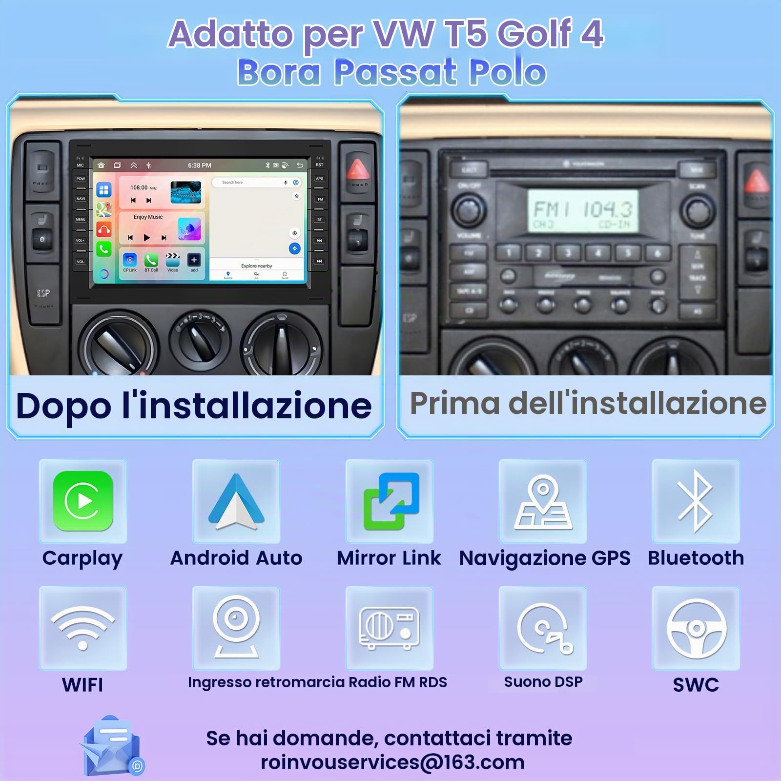 Hikity 4+64G Autoradio Android 9'' per VW Golf 4 T5 Polo Passat