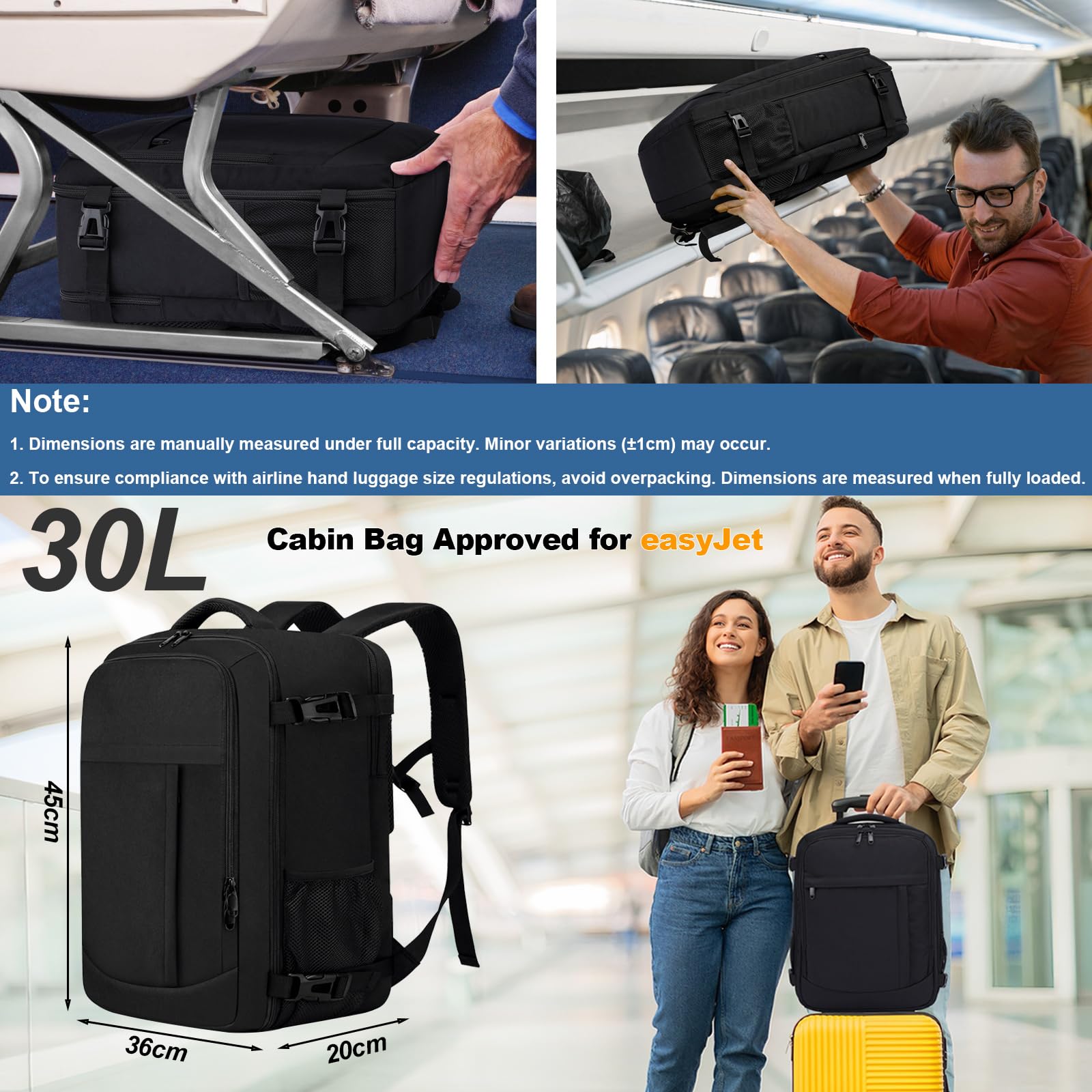 LIGSAN Zaino Viaggio 45x36x20 Bagaglio a Mano per easyJet Zaino da Viaggio Aereo 30L Zaini Cabina 45x36x20cm Borsa da Cabina con compartimento impermeable, 15.6 Pollici Zaino Porta PC