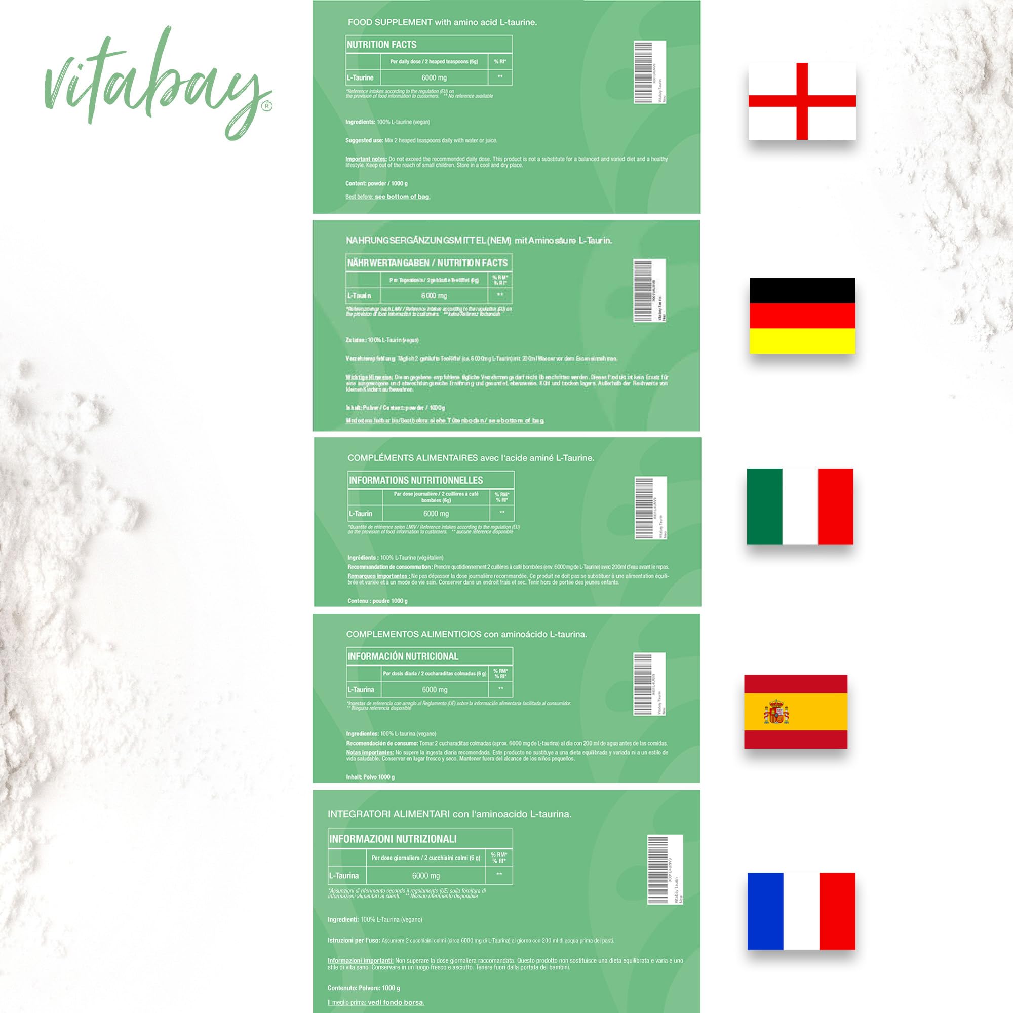 vitabay Taurina Polvere 1 kg – Taurina 6000 mg Taurina Vegan Polvere Senza Additivi – Taurina 1000 mg Taurina ad alto dosaggio Taurina Supplemento Taurina Taurina Polvere