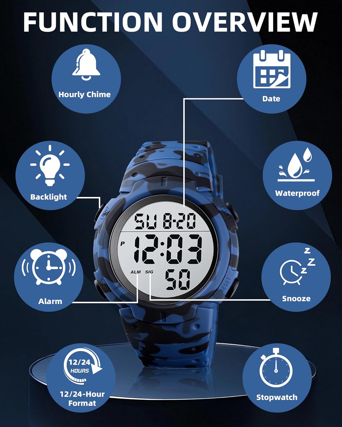 CakCity Mens Digital Watch Military Waterproof Outdoor Large Face Sports Watches with Stopwatch Back Light Alarm Date LED Display,Black - Image 6