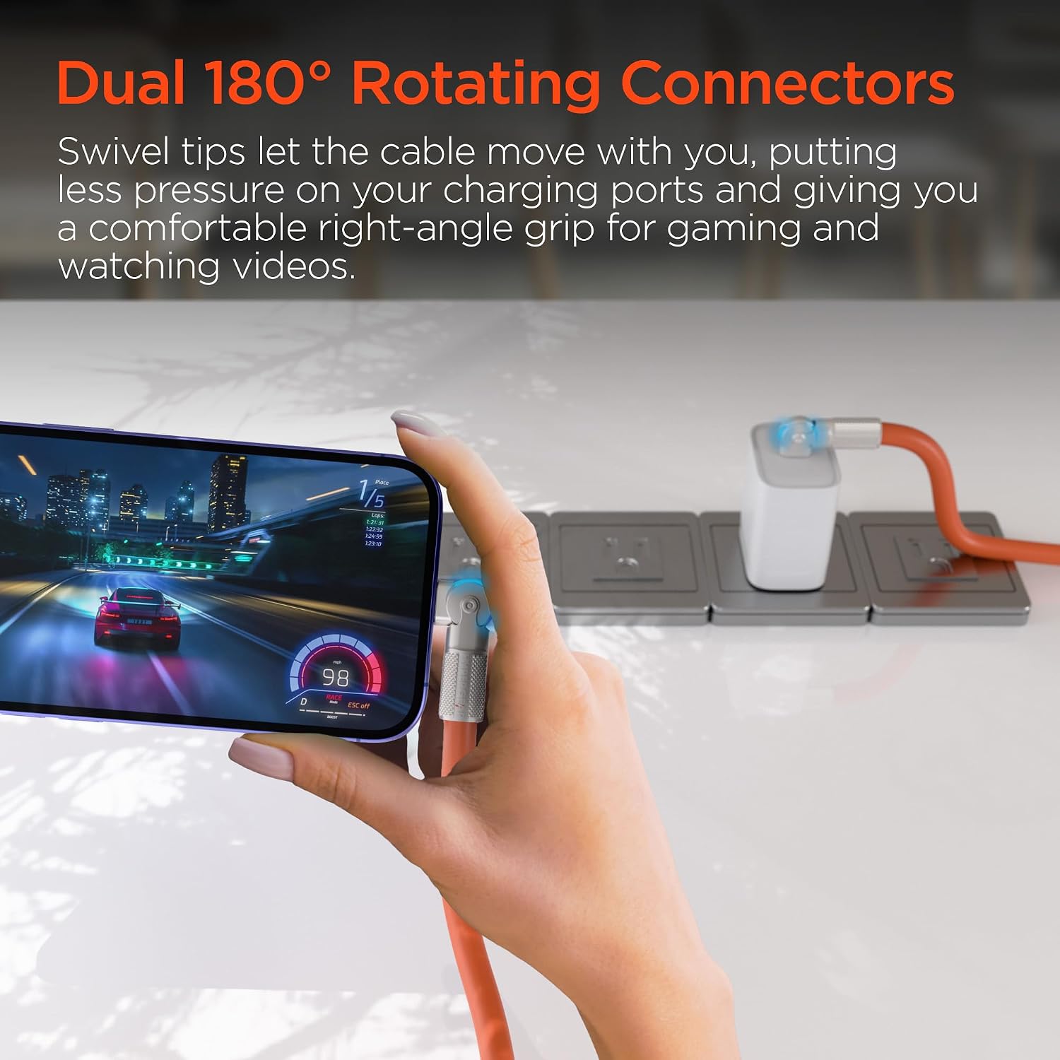 HyperGear USB C to USB C Cable (6FT) Type-C 100W Fast Charger Cable180° USB C Rotating Connectors Silicone Cord for iPhone, Android Phones,Tablets, Laptops, & More (Orange)