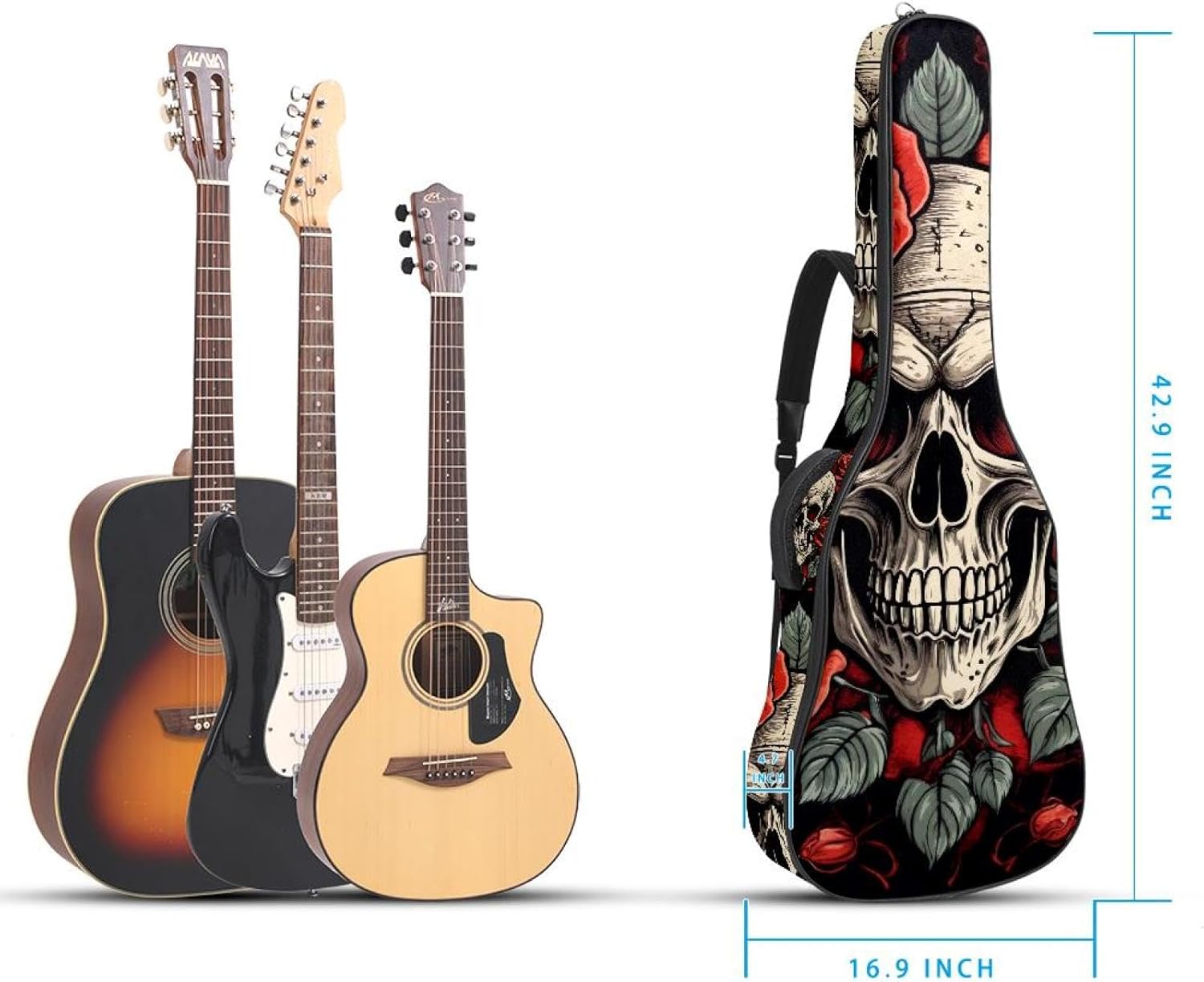 Skull and Roses on Black Background Acoustic Guitar Gig Bag, 1 cm Thick Padding Waterproof Guitar Bag Backpack for 40 41 42 Inch Electric Bass Classical Guitars