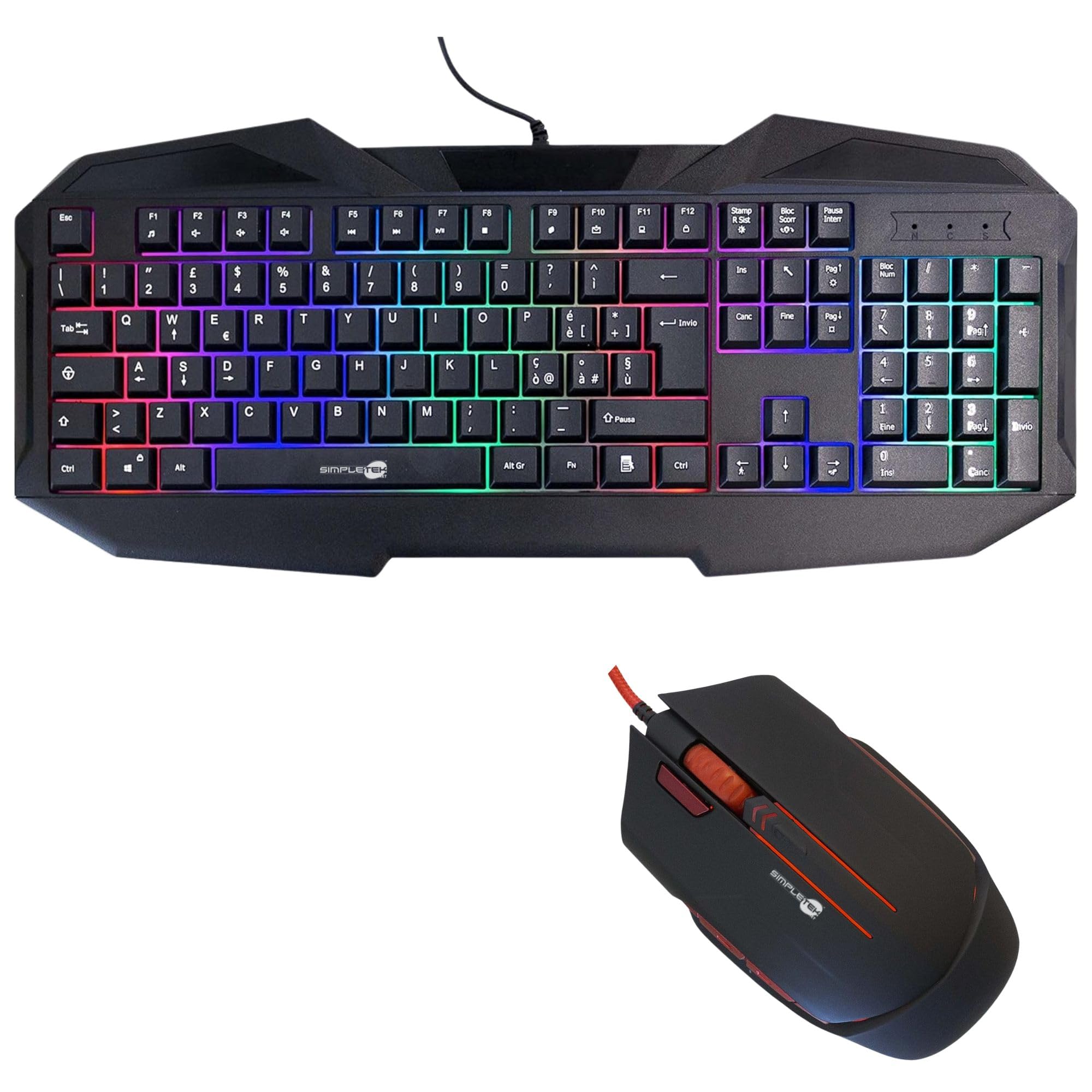 SIMPLETEK - Kit Gaming Mouse & Tastiera Anti-Ghosting RGB | QWERTY Layout Italiano | Mouse 3200 DPI Programmabile