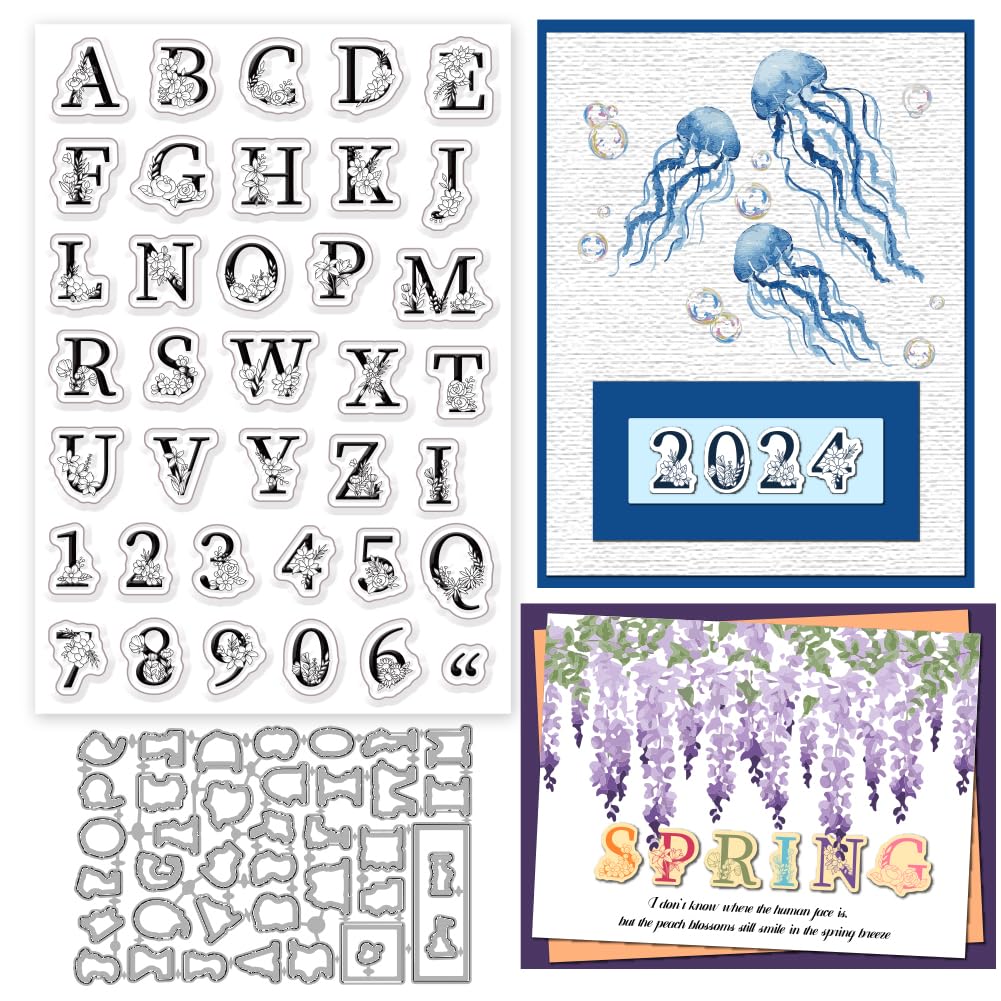 INFUNLY 2pcs Alphabet & Dies Letter Flower stamp & Number Clear Transparent Stamps for DIY Scrapbooking Embossing Album Craft