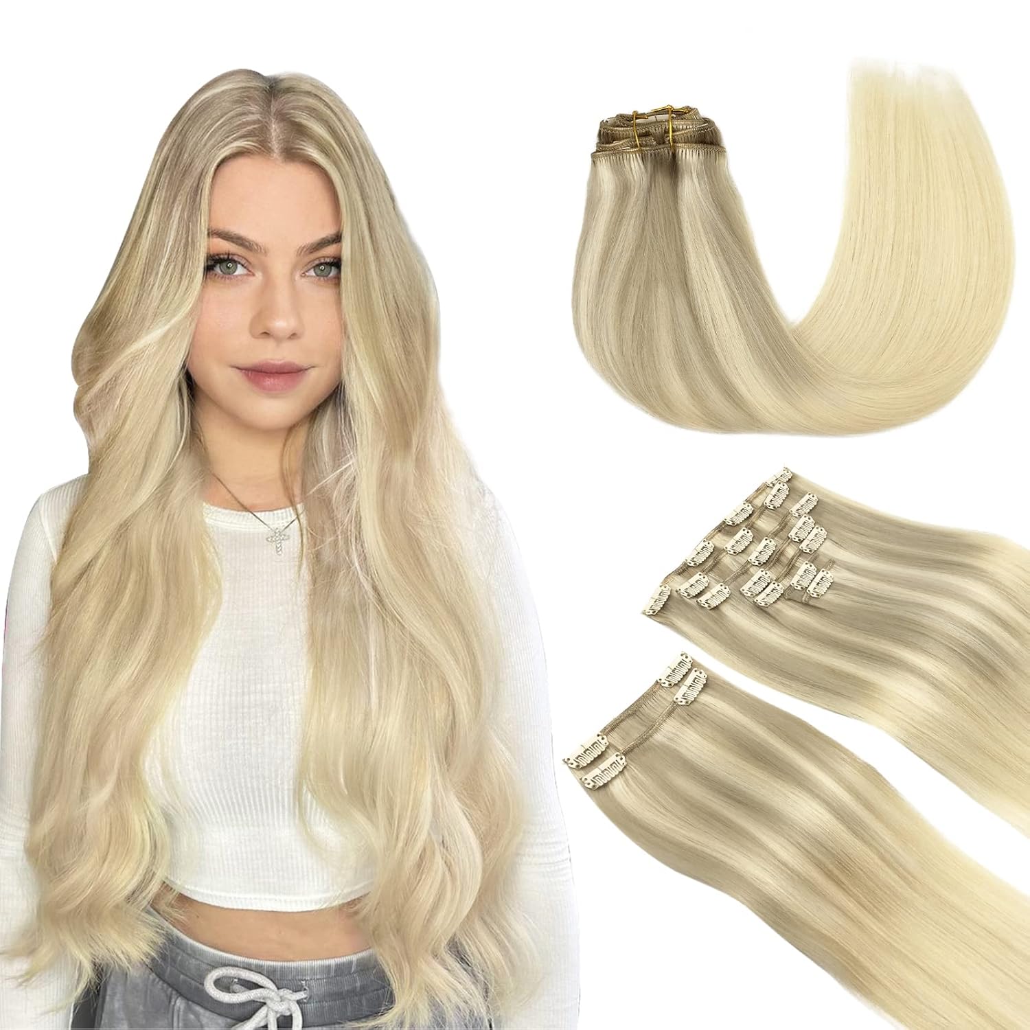 Clip in Hair Extensions Real Human Hair, 9pcs 150g 16 Inch