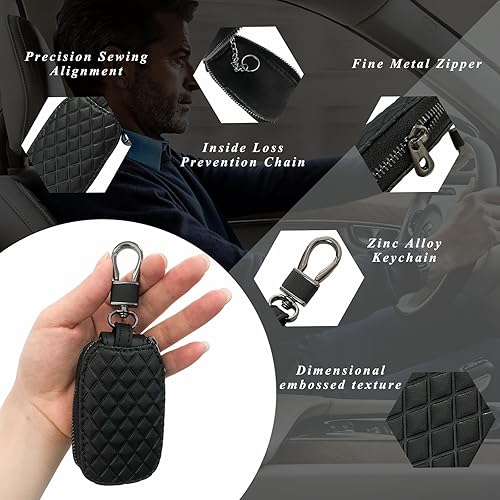 Miniatura 3 de Dickno Funda para llaves de automóvil, de cuero auténtico, soporte inteligente para llavero inteligente, funda protectora antiarañazos con gancho de