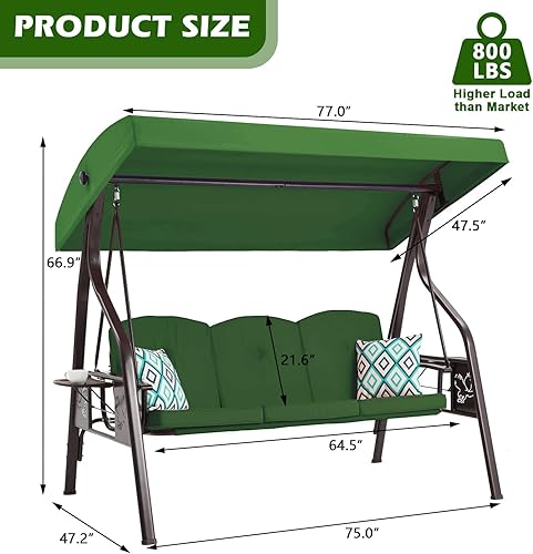 Miniatura 7 de Columpio de porche al aire libre de 3 asientos con soporte, columpio de patio con dosel, cama columpio de porche 2 en 1 y silla de columpio para