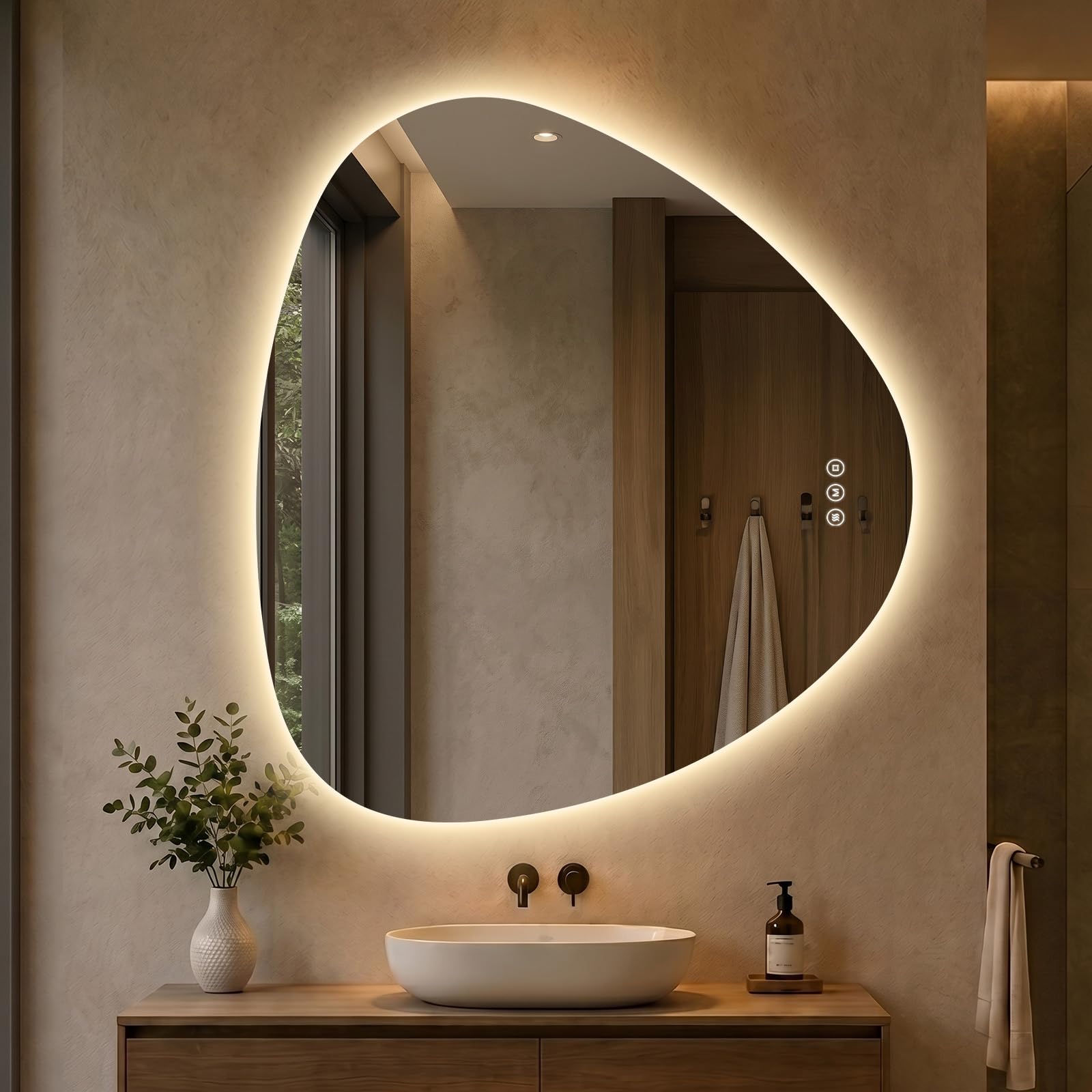S'AFIELINA Espejo Baño LED 80x90 cm, Retroiluminado, Sin Marco, Asimétrico | 3 colores de luz, intensidad regulable, antivaho y memoria. Uso horizontal/vertical. Ideal para baño, recibidor y aseo
