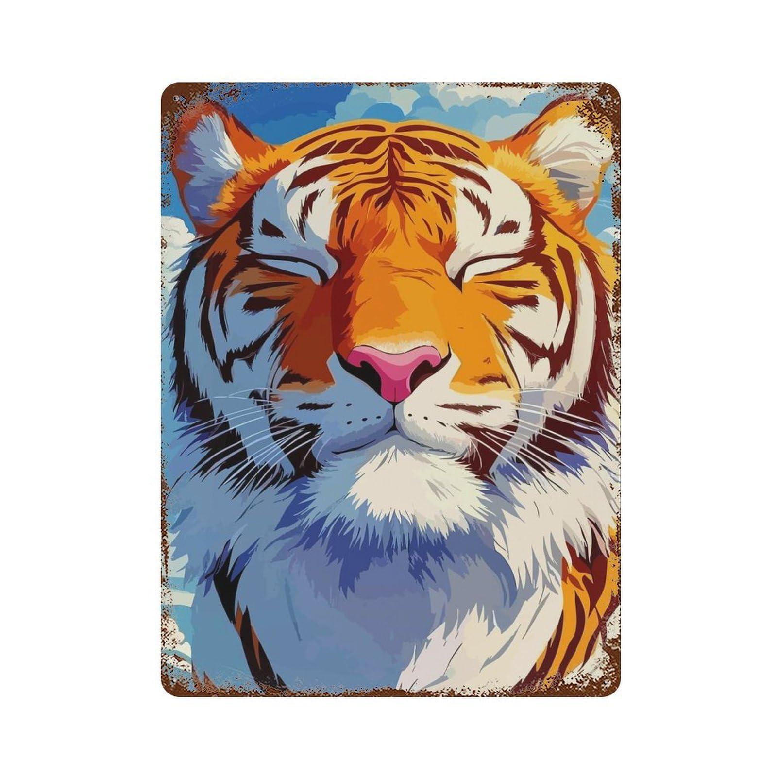 Weathered Tin Sign with Tranquil Tiger Portrait Design 15.7"x11.8", for Garage, Bar And Workshop Decor, Decorative Metal Wall Art
