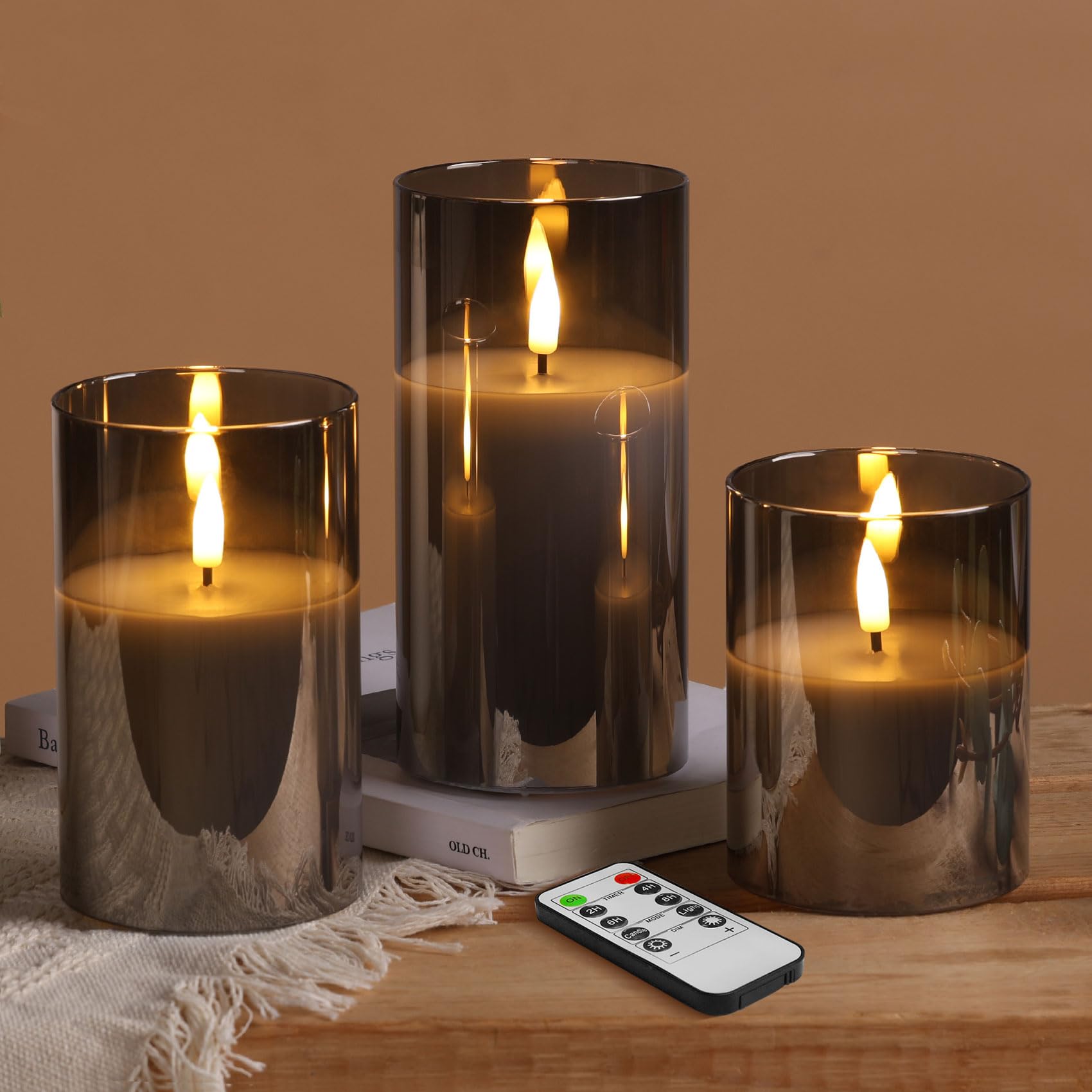 Silver Grey Glass Flameless Flickering Candles with Remote, 3 Pack Realistic LED Fake Candles ∅ 3" H 4" 5" 6"