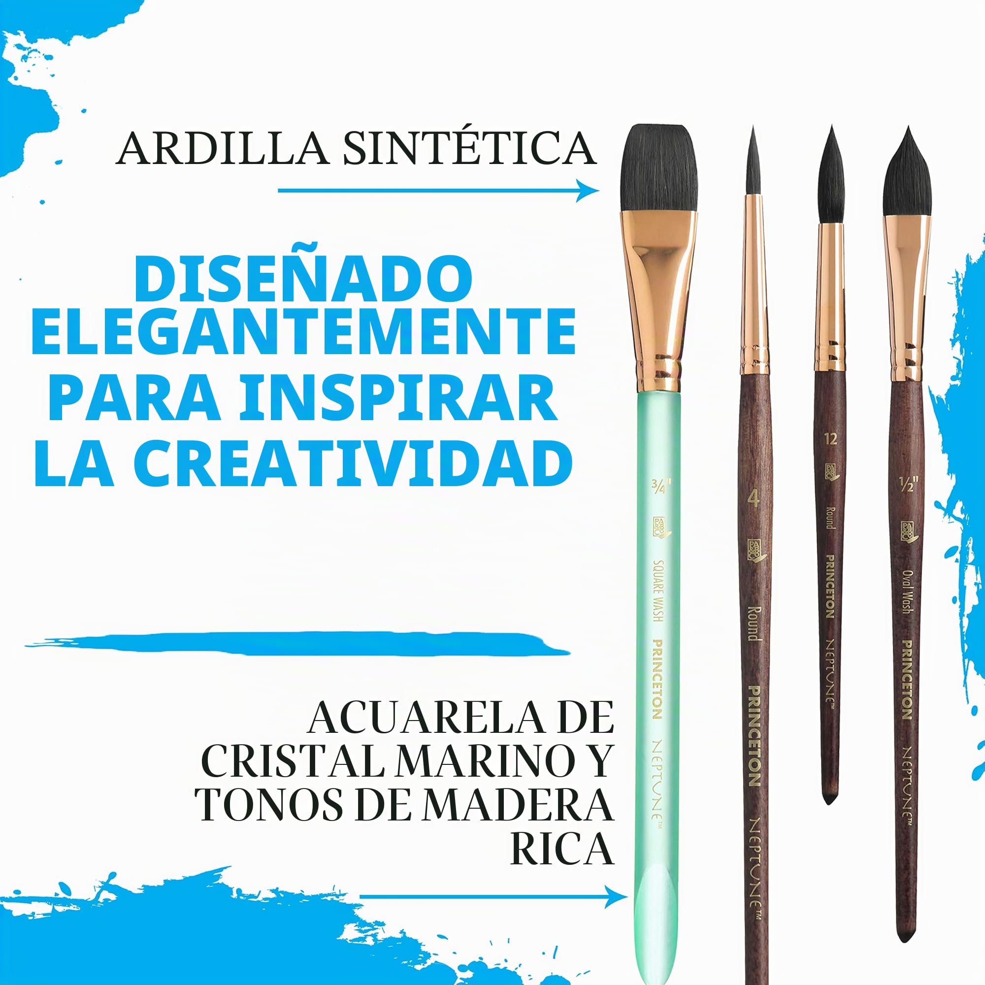 PRINCETON Neptune, Pinceles para acuarela de bellas artes, Ardilla sintética, Set de 4 pinceles, mango corto, Funda de plástico, 4 unidades