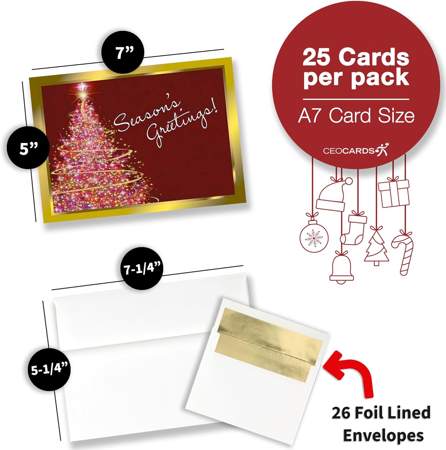 Season’s Greetings Cards for Business & Family (Framed Christmas Tree) Bulk Greeting Card Set Pack of 25 Christmas Cards with Envelopes (5x7 inch A7) Great for Office, Work, Employees & Clients H1129