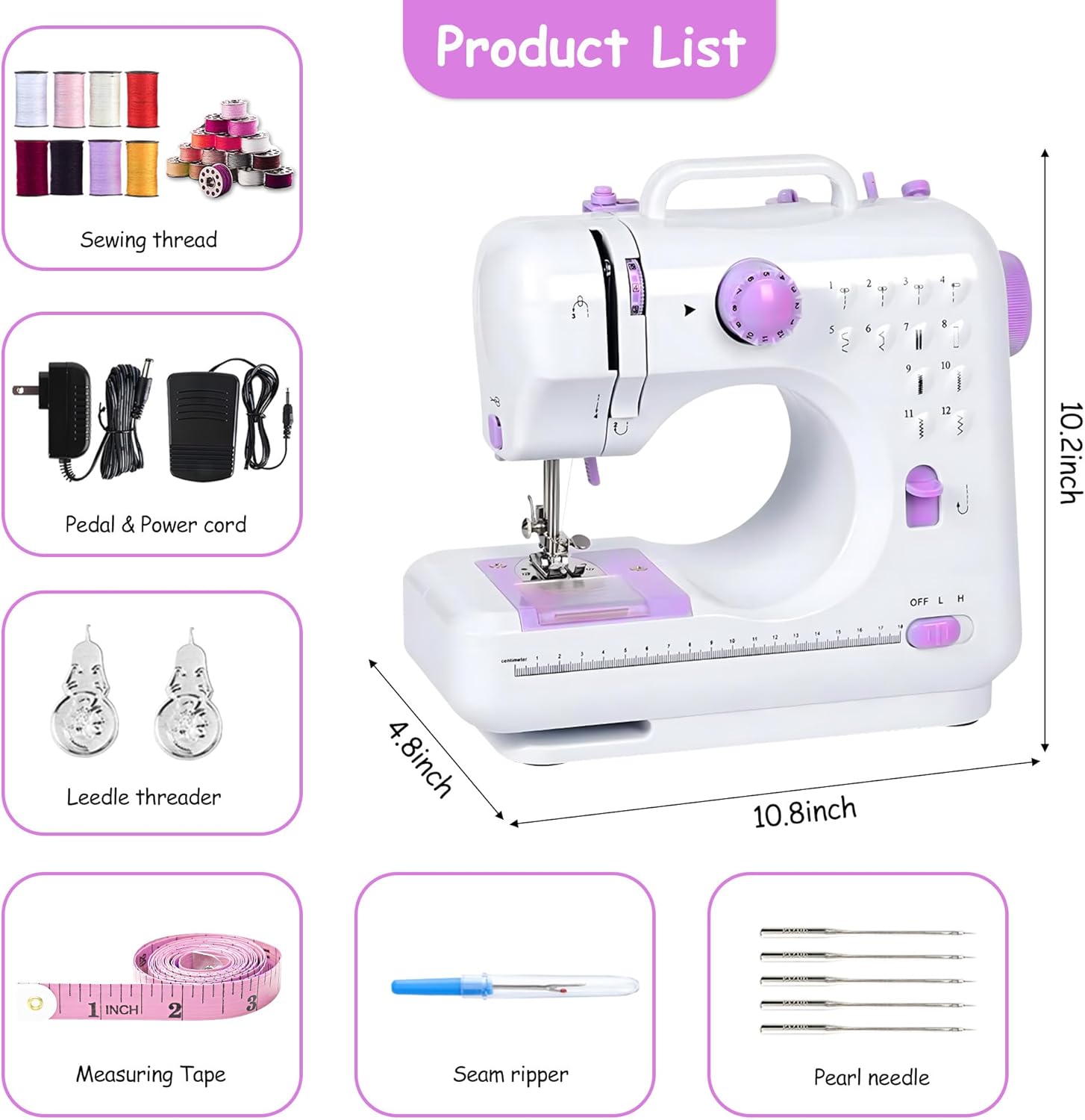 Portable Sewing Machine for Beginners, Mini Electric Sewing Machine 12 Built-in Stitch Patterns, Light, 2 Speed with Foot Pedal & Sewing Kit, Household máquinas de coser for Kids Ages 8-12 - Image 8