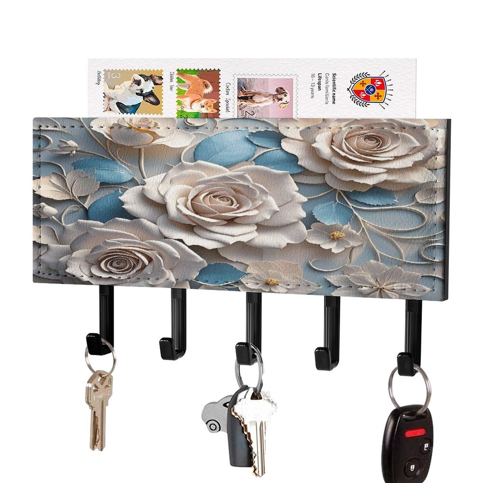 VstaDank Rose Elegant Decorative Floral Key Holder for Wall Decorative Mail Organizer Wall Mount with 5 Hooks Easy Installation Key Rack PU Adhesive Keys Rack for Entryway Door Bathroom Kitchen
