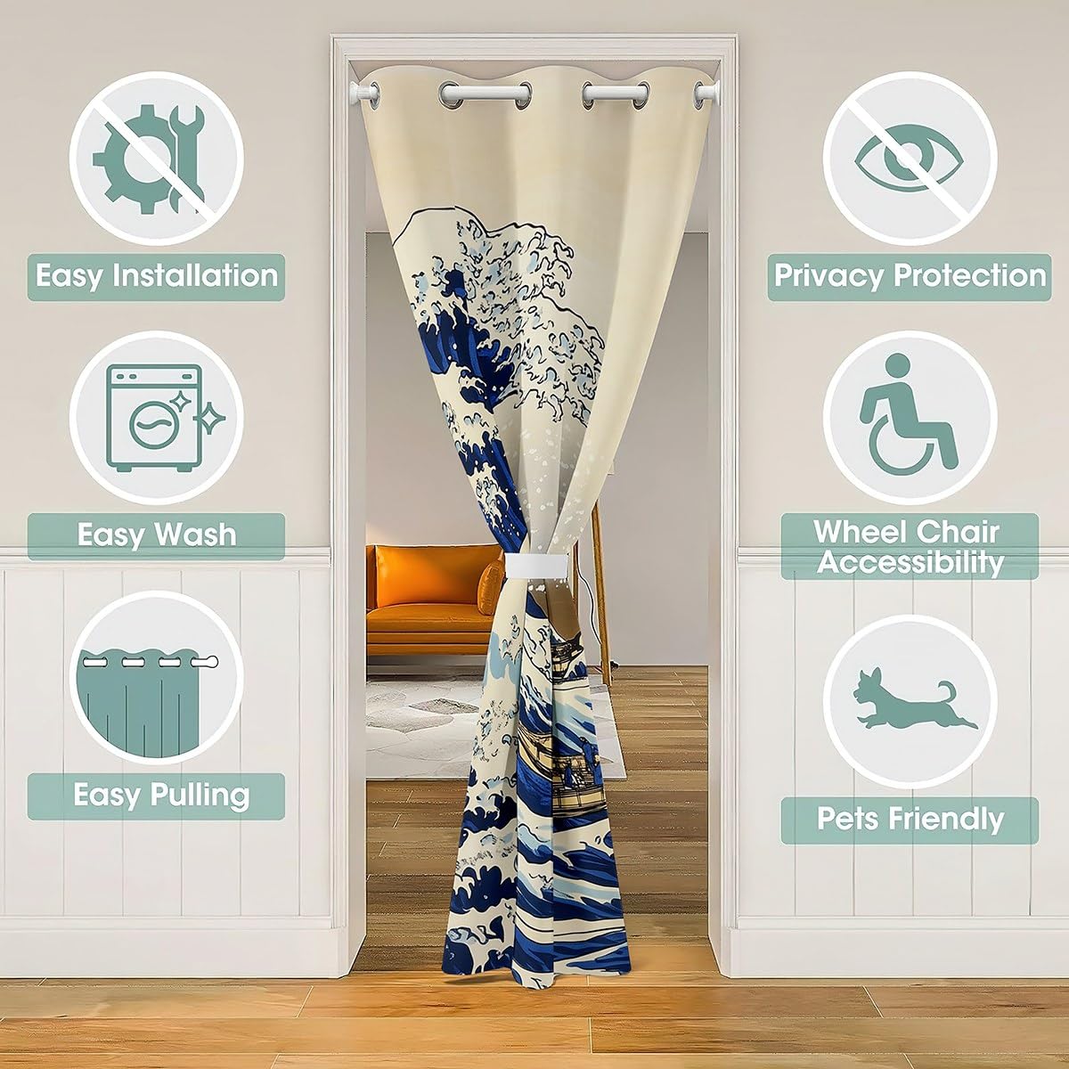 Homemissing Tenda per porta onda giapponese, 86 x 203 cm, divisore per camera per bambini, ragazzi e ragazze, decorazione onde del mare, blu navy