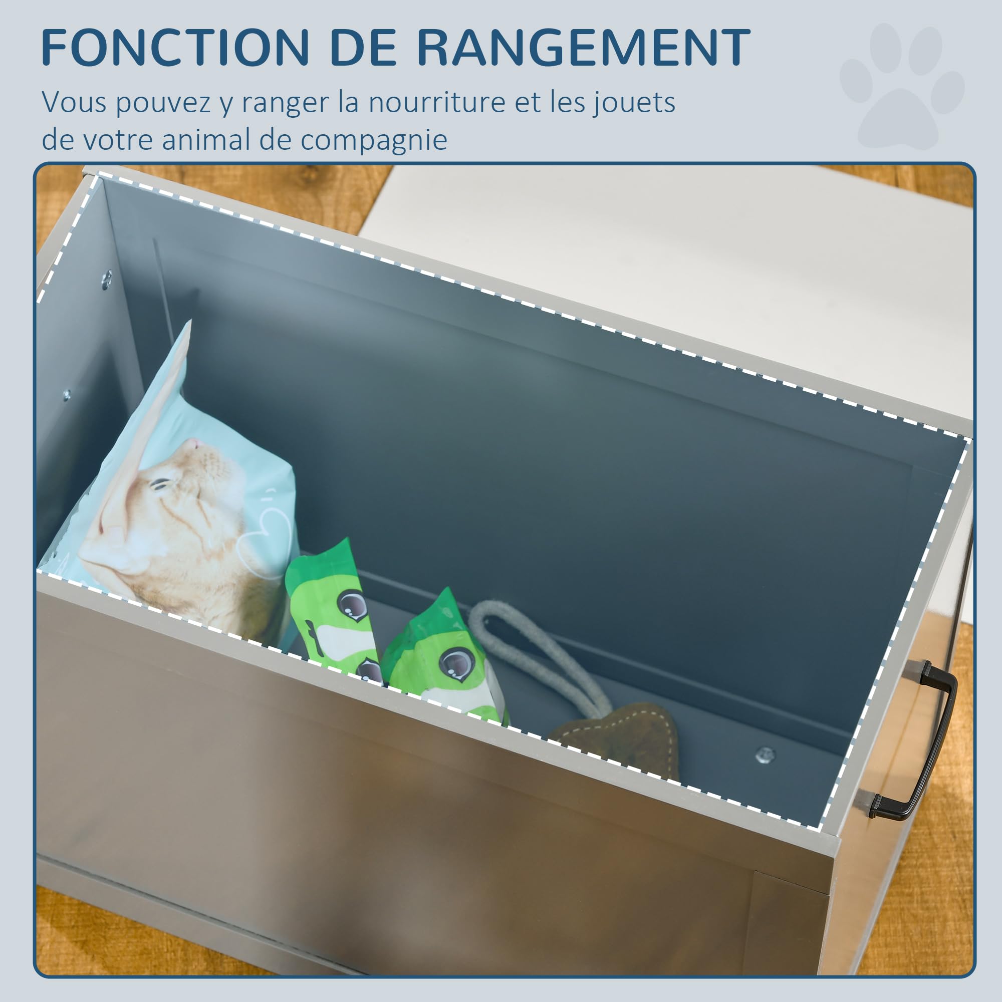 PawHut Gamelles Chiens surélevées gamelle Double Chien Chat Porte-gamelles surélevé dim. 60L x 30l x 41H cm 2 gamelles 2L poignées Coffre Bois Gris | Gamelle Double Chien Chat, Porte-Gamelles Surélevé, 2L, Poignées, Coffre Rangement, Bois