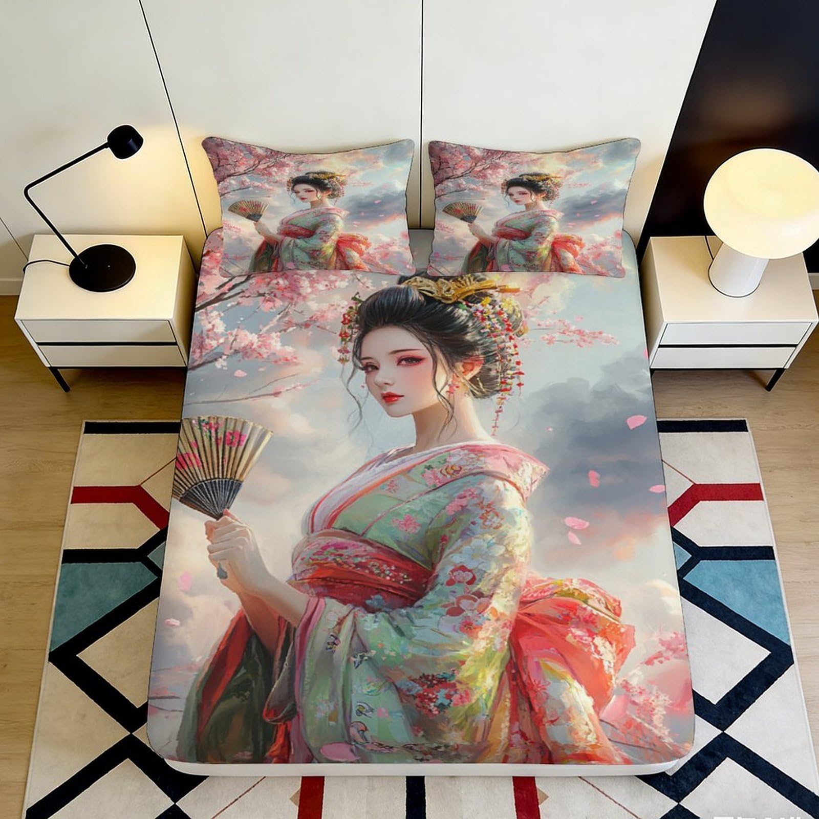 3D Printed Cherry Blossom Fitted Sheet Microfiber Soft Breathable Geisha Print Mattress Cover for Bedroom Dormitory Guest Room Protective Decor 200x200x25cm