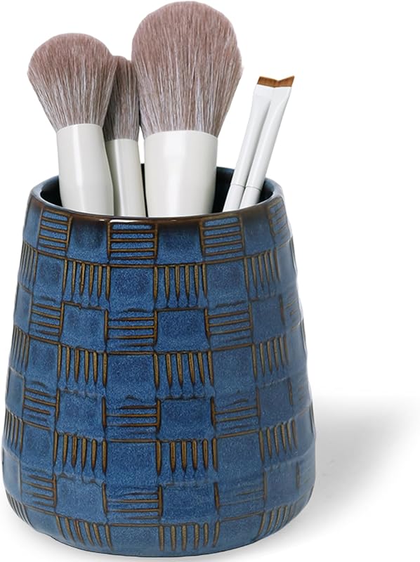 Porta-pincéis de maquiagem em cerâmica QUXIJA Vintage Blue