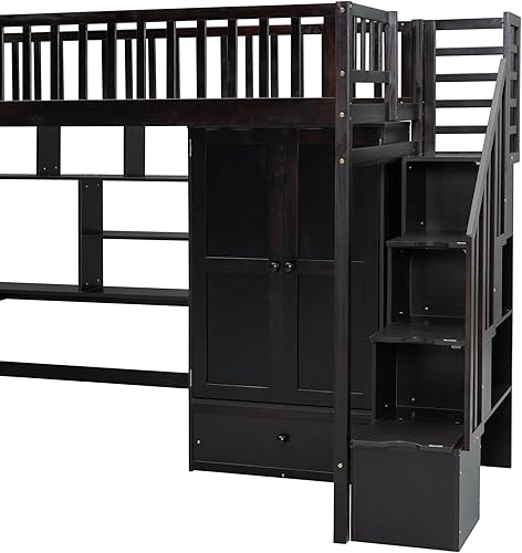 Miniatura 8 de Cama tipo loft de tamaño individual con estanteríacajonesescritorioarmario marco de cama tipo loft de madera con barandillas en forma de valla y