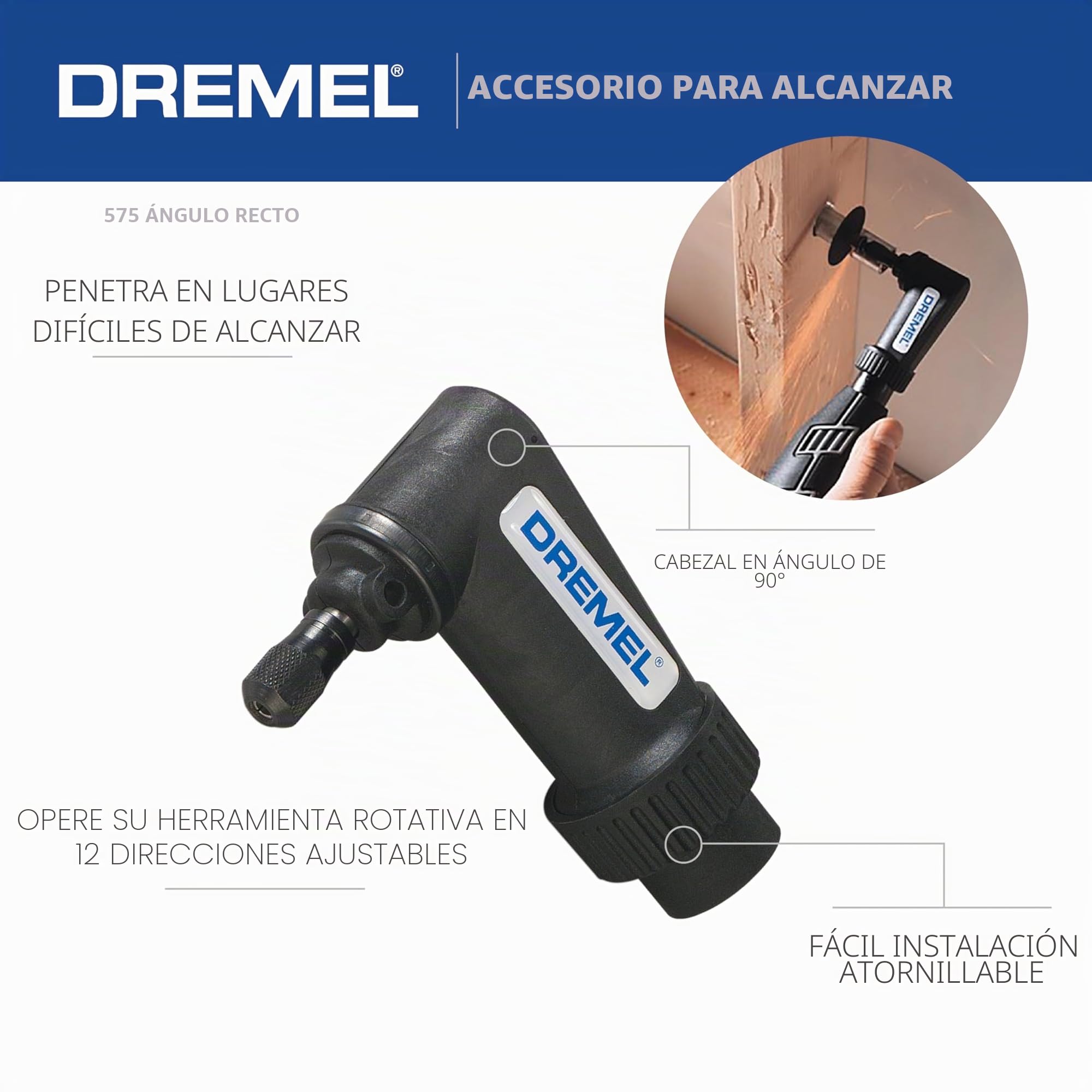 Dremel 575 Accesorio de ángulo recto para herramienta rotativa, accesorio de taladro angular, negro