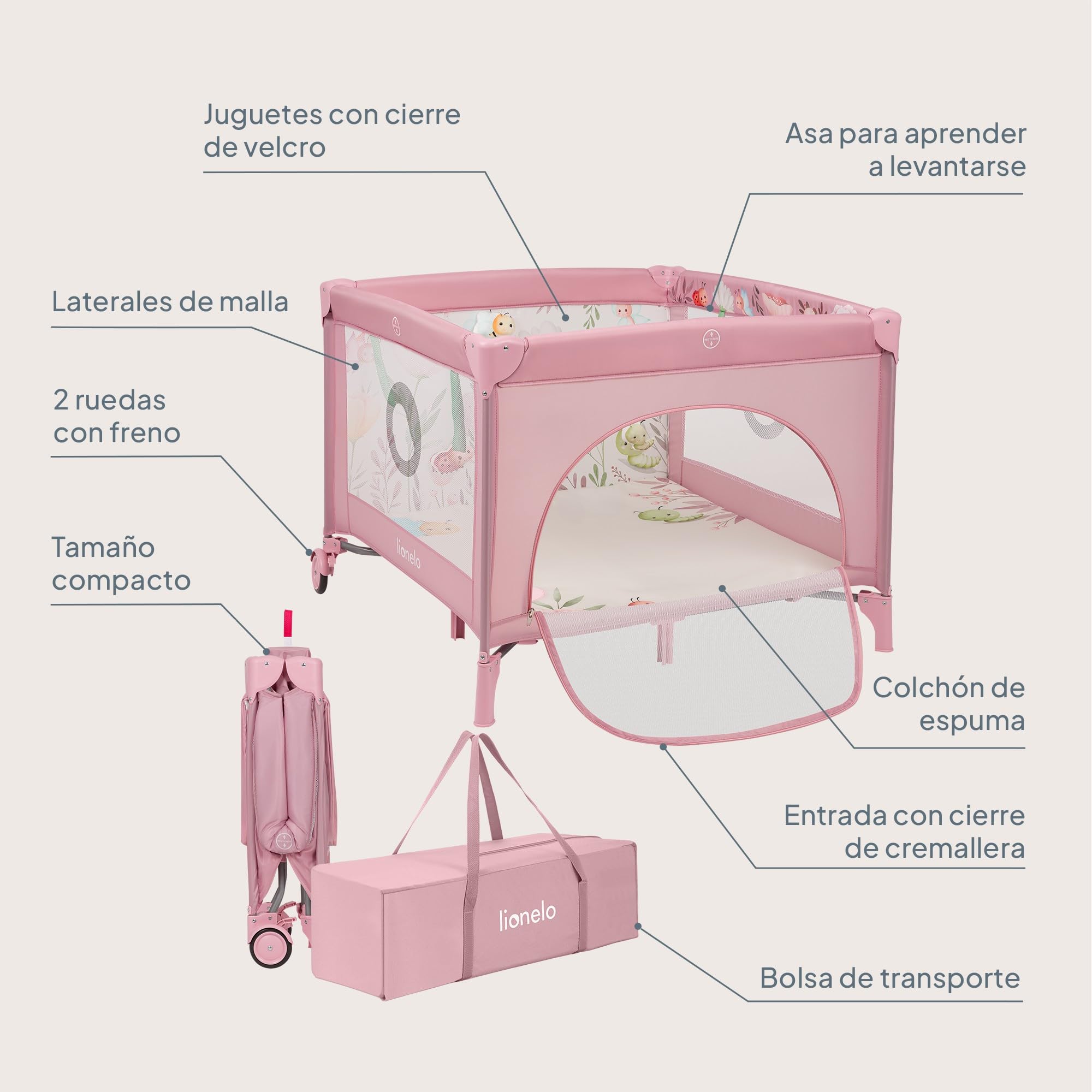 lionelo Parque de Juegos Infantil Mille Plus hasta 15 kg, de 0 a 36 meses, Entrada Lateral, Base acolchada 3D, 2 Ruedas con Freno, Plegable, Bolsa de Transporte incluida