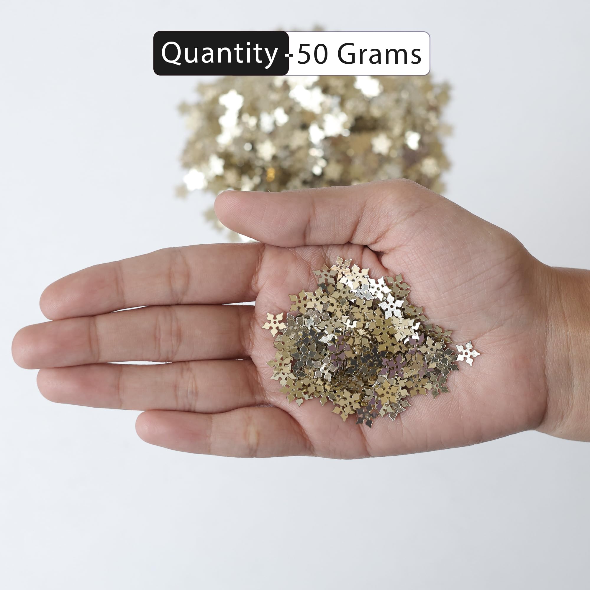 Embroiderymaterial Gold Flower Shape Sequins Sitara for Craft & Embroidery – 8MM Metallic Floral Sequins for Fabric, Jewellery & Decoration Making | 50 Grams 2