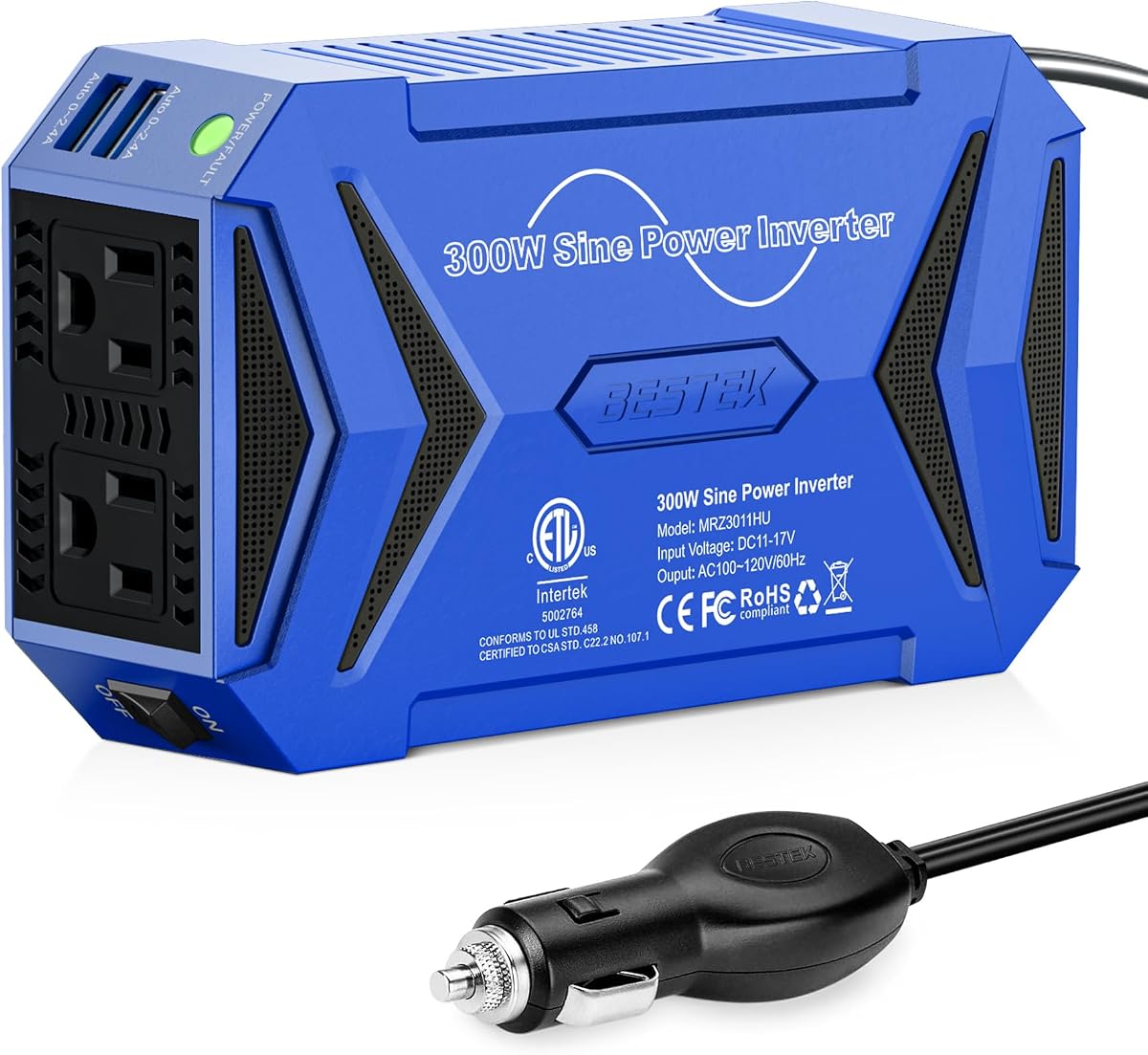 BESTEK Pure Sine Wave Power Inverter, 300W DC 12-17V to 110V AC Car Adapter | Vehicle Plug in Cigarette Lighter Outlet Solar Inverter, 4.8A Dual USB Fast Charging Ports for Phone, Laptop, CPAP(Blue)