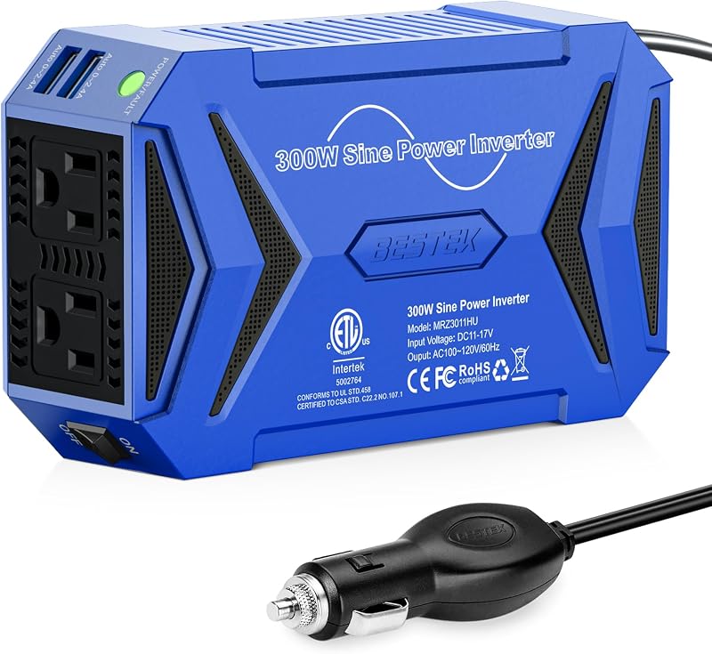 BESTEK Pure Sine Wave Power Inverter, 300W DC 12-17V to 110V AC Car Adapter | Vehicle Plug in Cigarette Lighter Outlet Solar Inverter, 4.8A Dual USB Fast Charging Ports for Phone, Laptop, CPAP(Blue)