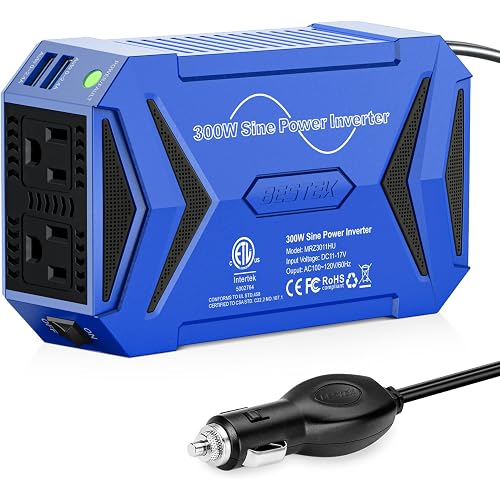 BESTEK Pure Sine Wave Power Inverter, 300W DC 12-17V to 110V AC Car Adapter
