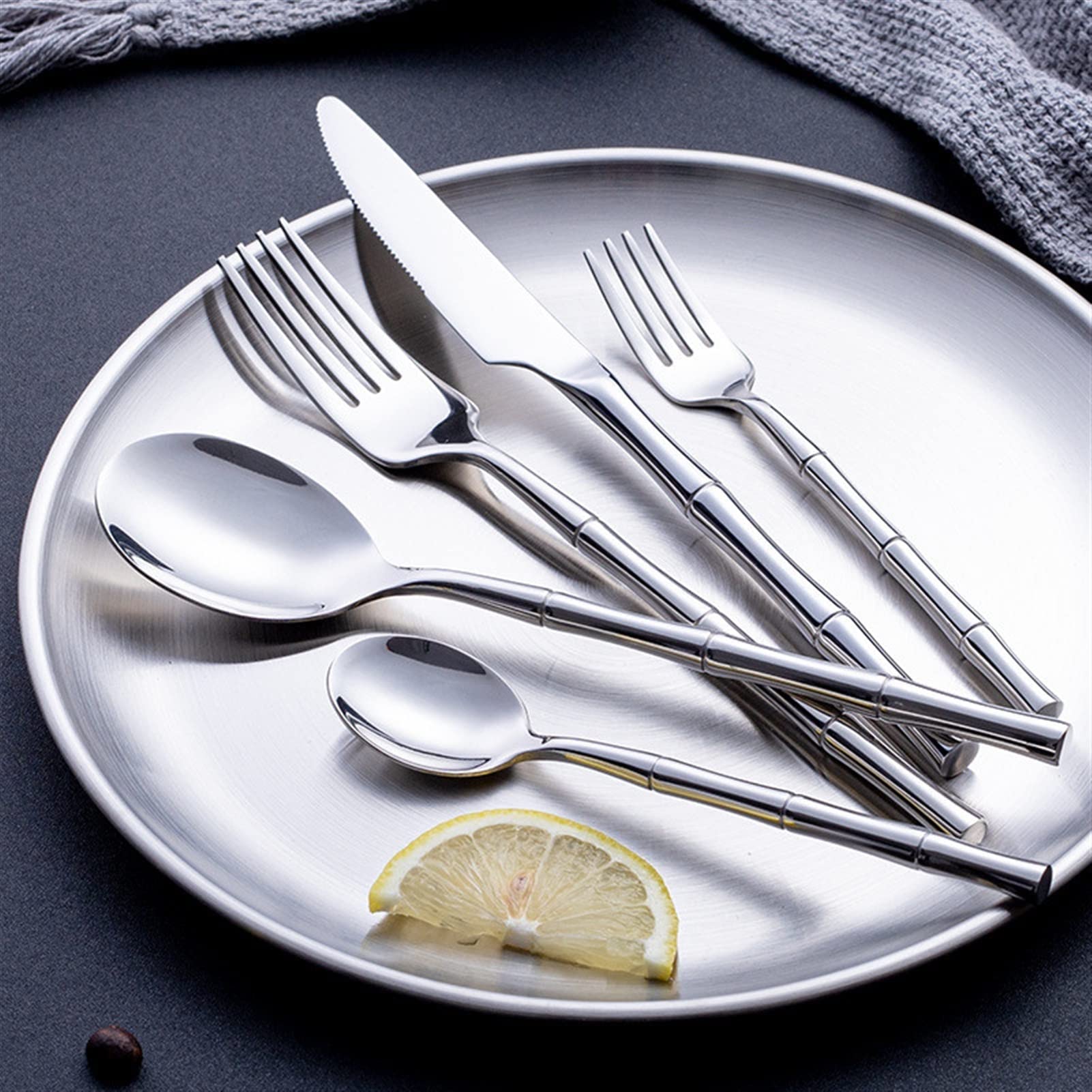 Juegos de cubiertos 20 piezas de cubiertos con forma de bambú dorado, juego de mesa, vajilla para cena, vajilla para comedor, cuchara, cuchillo, tenedor de postre, decoración para lavavajillas.