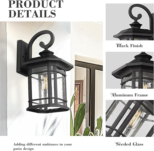 Miniatura 30 de Emliviar Luces de Farol de Pared para Exteriores, Lámpara de Aplique de Pared Exterior de 1 Luz, Acabado Negro con Vidrio Granulado Transparente,