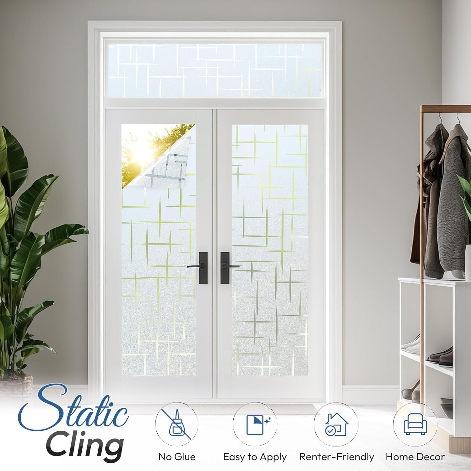 rabbitgoo Window Privacy Film Frosted Glass Window Film, Decorative Privacy Cling, UV Blocking Staic Cling Bathroom Glass Frosting Sticker, Non-Adhesive Front Door Cover, Cross Pattern, 35.4" x 157.4"
