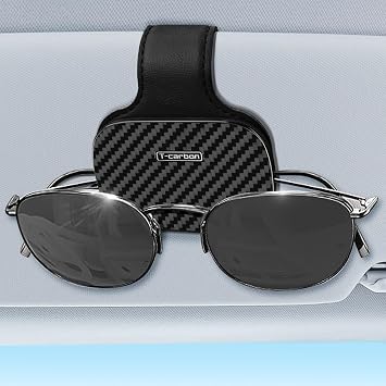 T-carbon Sunglasses Holder for Car Sun Visor;Real Carbon Fiber and Leather Sunglass Holder Clip Suitable for Different Size Eyeglasses Add A Bright and Vivid Color to Car;Glossy Black