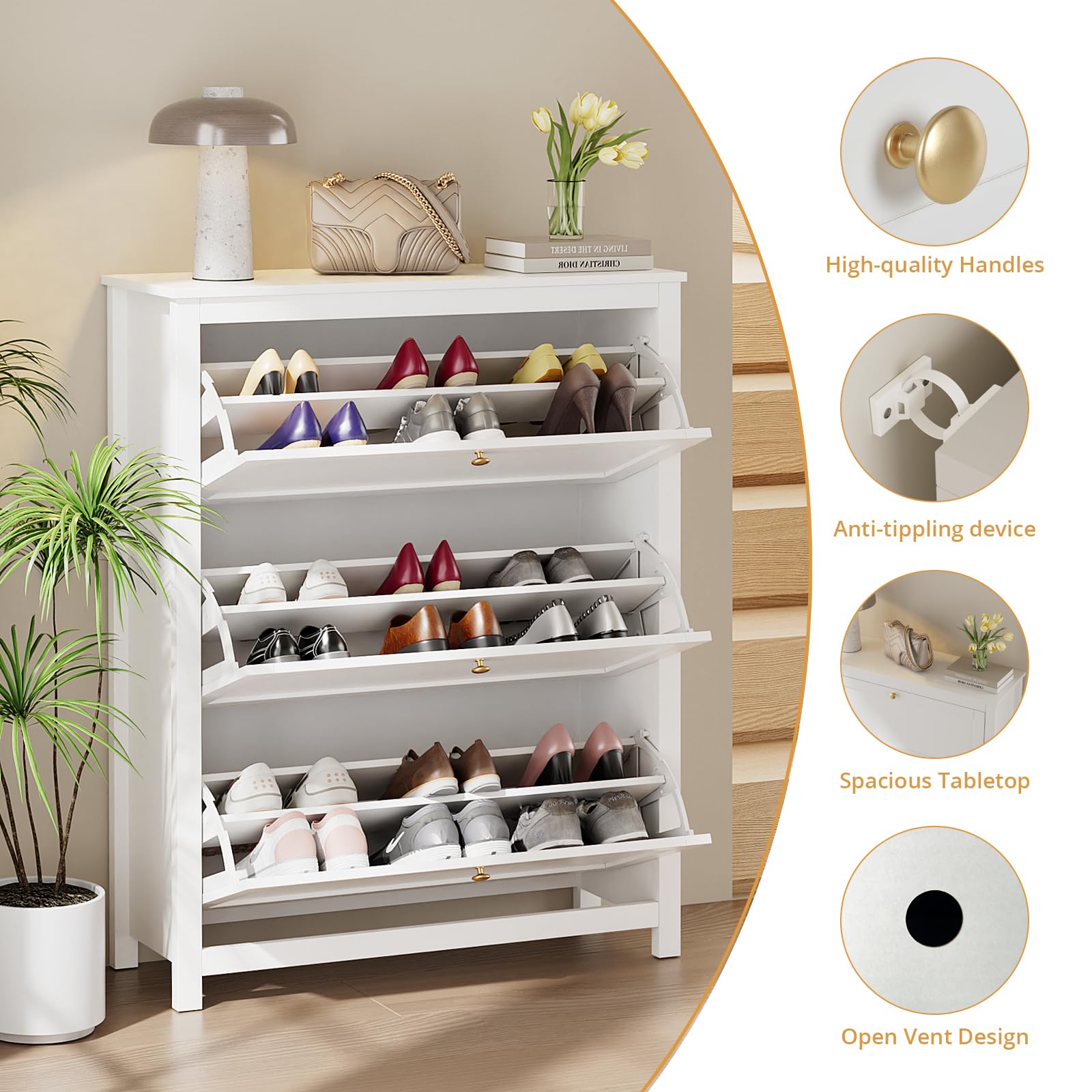 VOWNER 90cm Largo Zapatero 3 Puertas, Mueble Zapatero Estrecho Blanco, Zapatero Estrecho Entrada Recibidor, Blanco, Madera, para Entrada Estrecha, Pasillo, 90 x 30 x 110 cm,