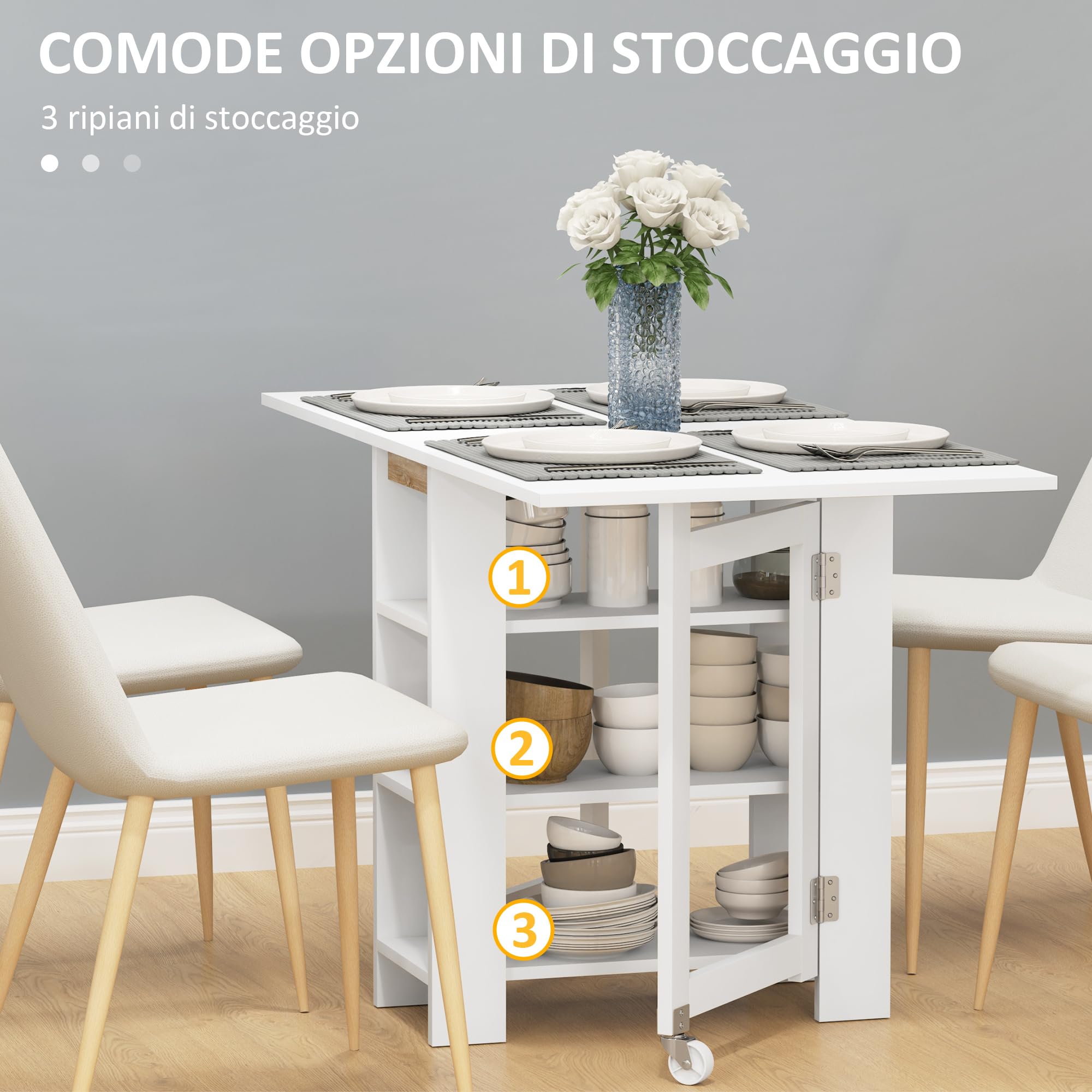 HOMCOM Tavolo da Pranzo Pieghevole Tavolo a Ribalta 120x60x75 cm Bianco | Con Ruote per 4 Persone, Scrivania Richiudibile Salvaspazio, Con 2 Ribalte e Ripiani, Soggiorno, Casa, Ufficio