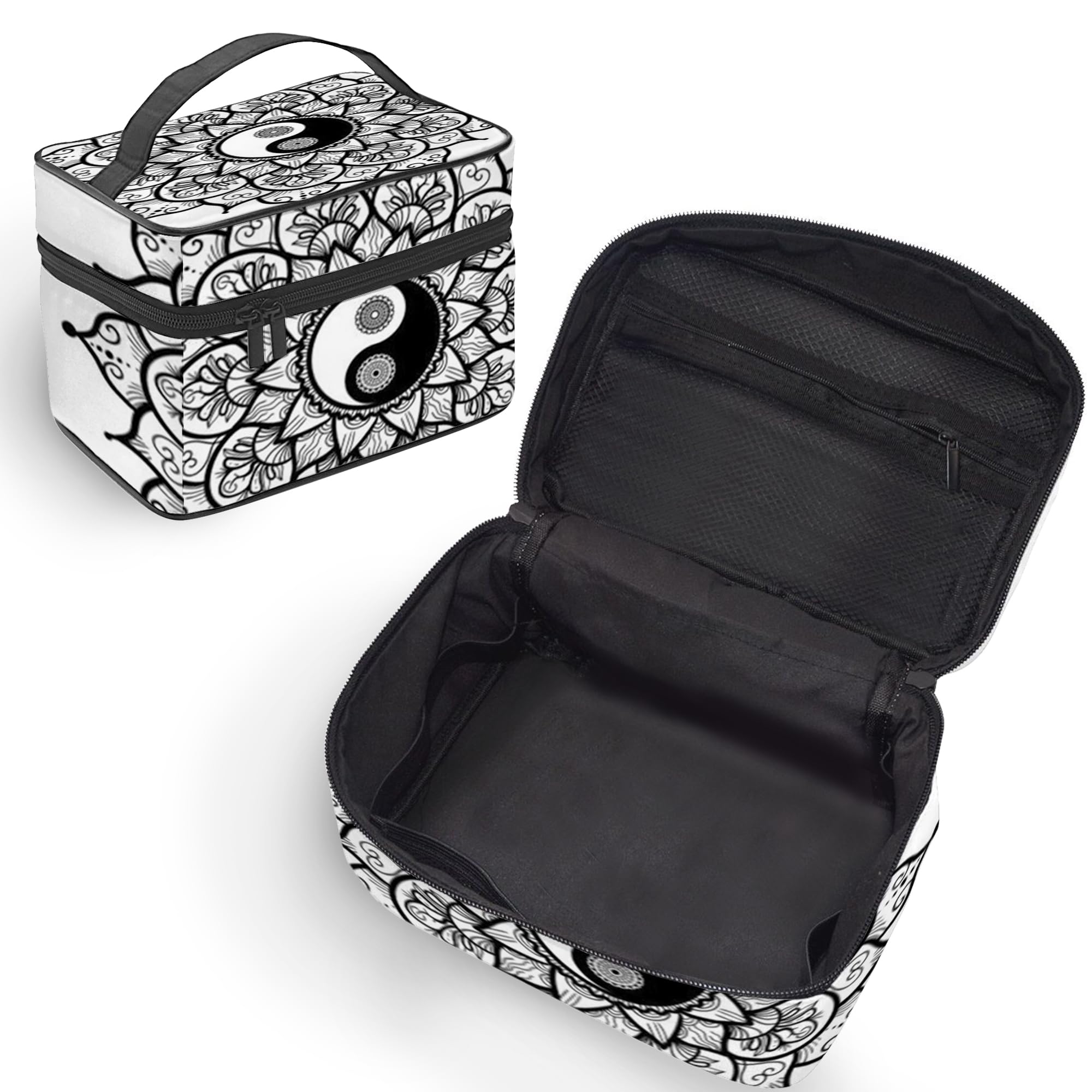 Yin And Yang Pattern,Travel Makeup Bag,Vintage Yin and Yang in Mandala,Cosmetic Bags for Women Large Make Up Organizer Makeup Case Toiletry Bag,Black And White