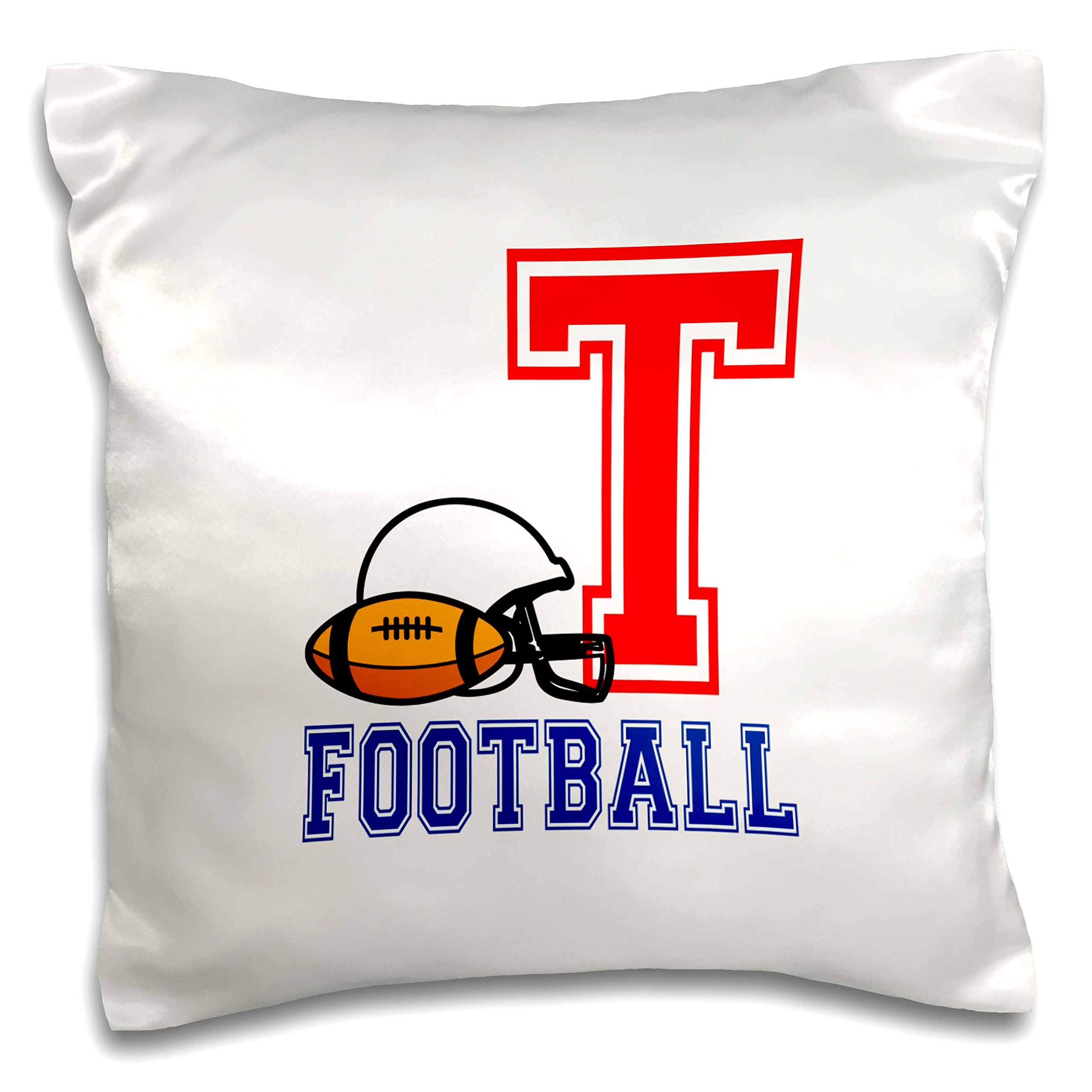 3dRose 16x16 inch Pillow Case - White Helmet, Brown Ball. Blue Football Text. Gorgeous red Letter T Alexis Design - Monogram American Football