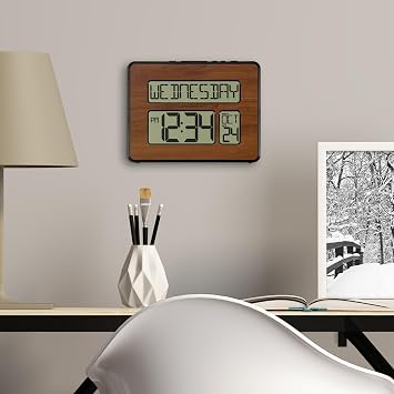 La Crosse Technology 513-1419-WA-INT Atomic Large Full Digital Calendar Clock, Walnut, 9.84L x 1.14W x 7.48H