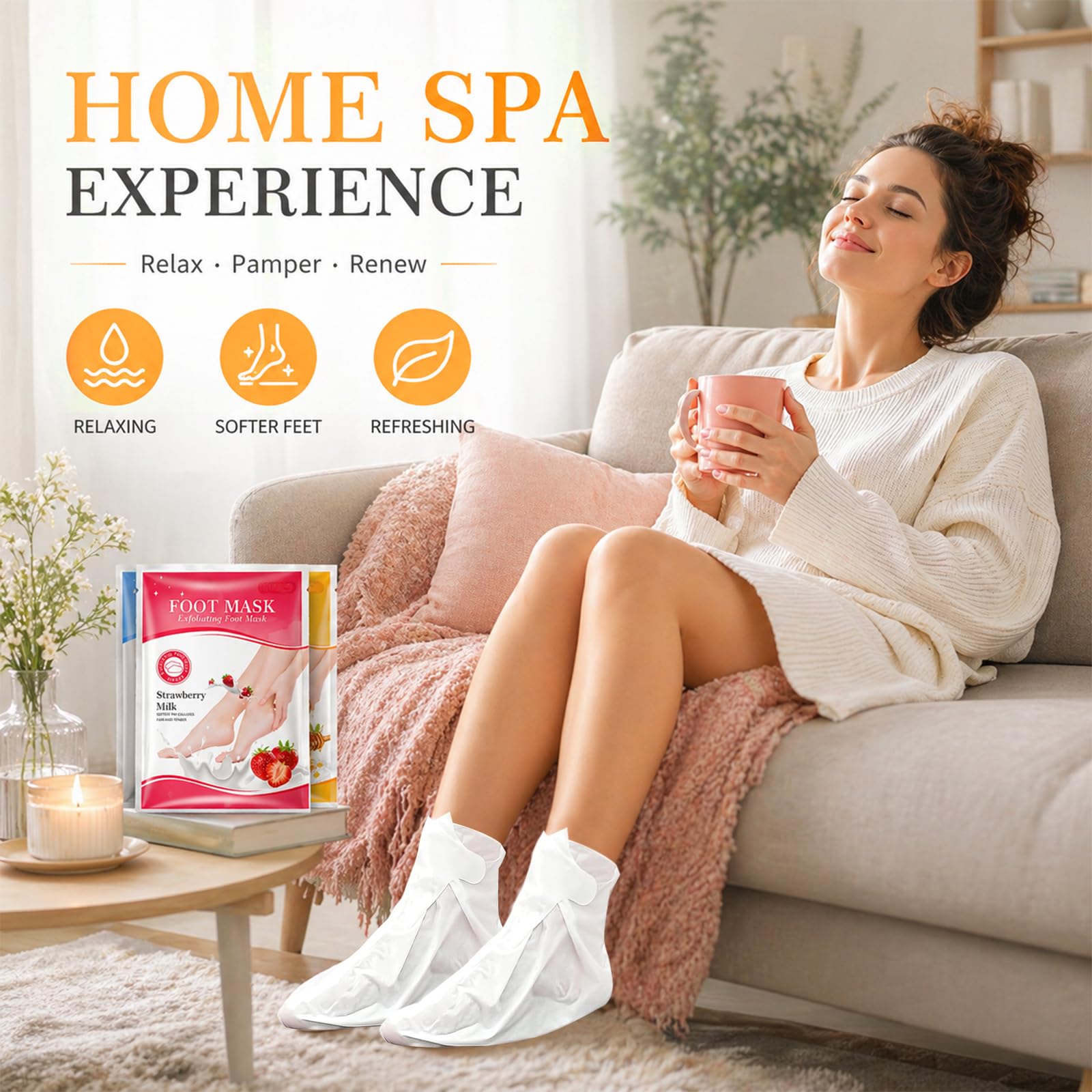 Masque Pied Exfoliant 6 Paires – Chaussettes Exfoliantes Anti-Cornes avec 2x Coco, Fraise & Miel – Soin des Pieds Doux pour Talons Secs et Crevassés, Hydratant, Spa à Domicile Femme & Homme