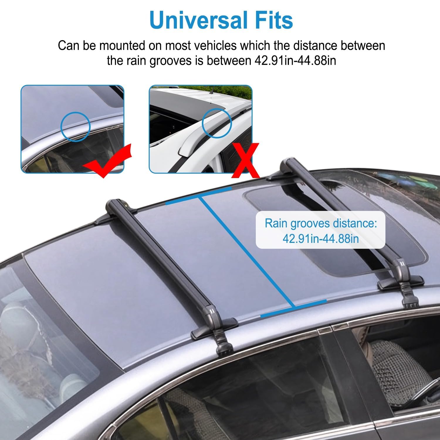 Universal Roof Rack Cross Bars, 43" Aluminum Lockable Car Top Crossbars with Anti-Theft Lock, Adjustable Window Frame for 42.9-44.9inch Bare Roof Kayak Bike Cargo Luggage Rooftop, 165LBS Load