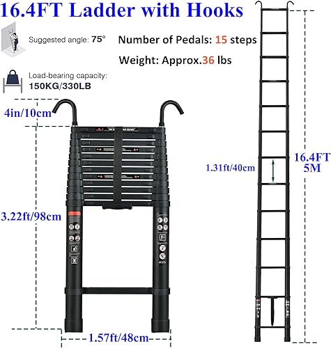 Miniatura 3 de Escalera telescópica de aluminio de 20.3 pies con patas antideslizantes y gancho estable, extensión de retracción de un botón negra, escalera