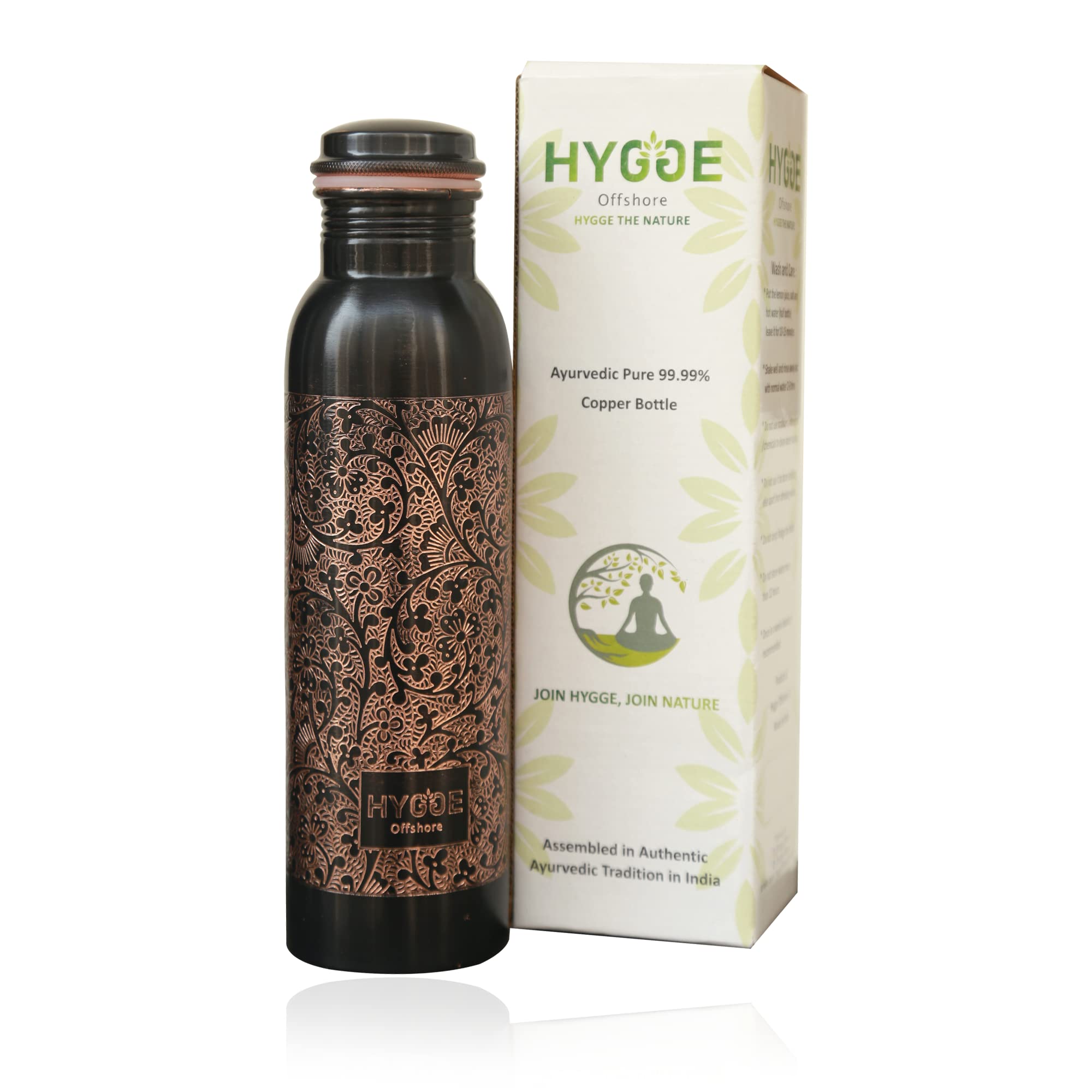 HYGGE Copper Water Bottle 34oz - Leak Proof - Ayurvedic Copper Bottle, Perfect Ayurvedic Copper Vessel for Sports, Fitness, Yoga - Natural Health Benefits - Engraved Antique D1