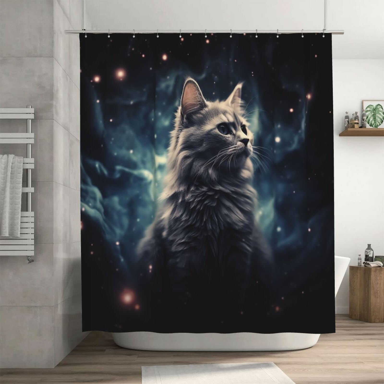 Rideau de douche anti-moisissure chat nébuleuse tissu épais étanche pour sol sec
