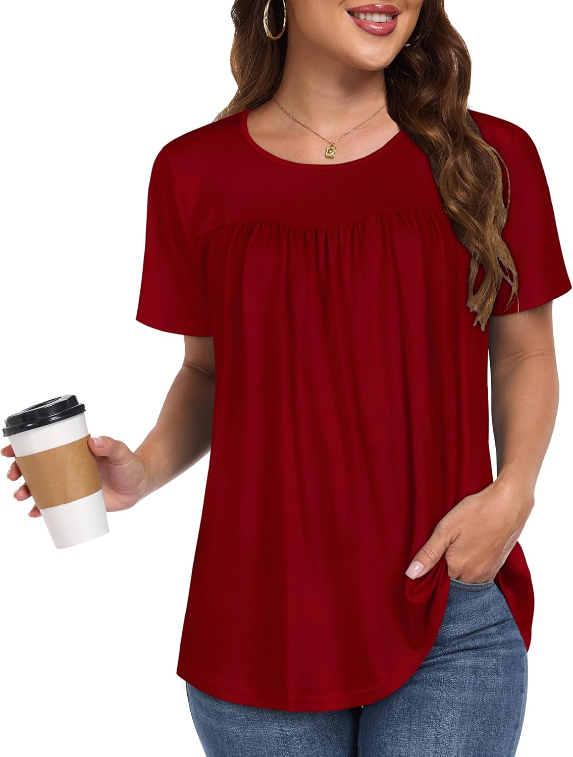 Womens T Shirts Short Sleeve Tops Casual Pleated Front Blouses Flowy Scooped Neck Summer Outfits - Image 3