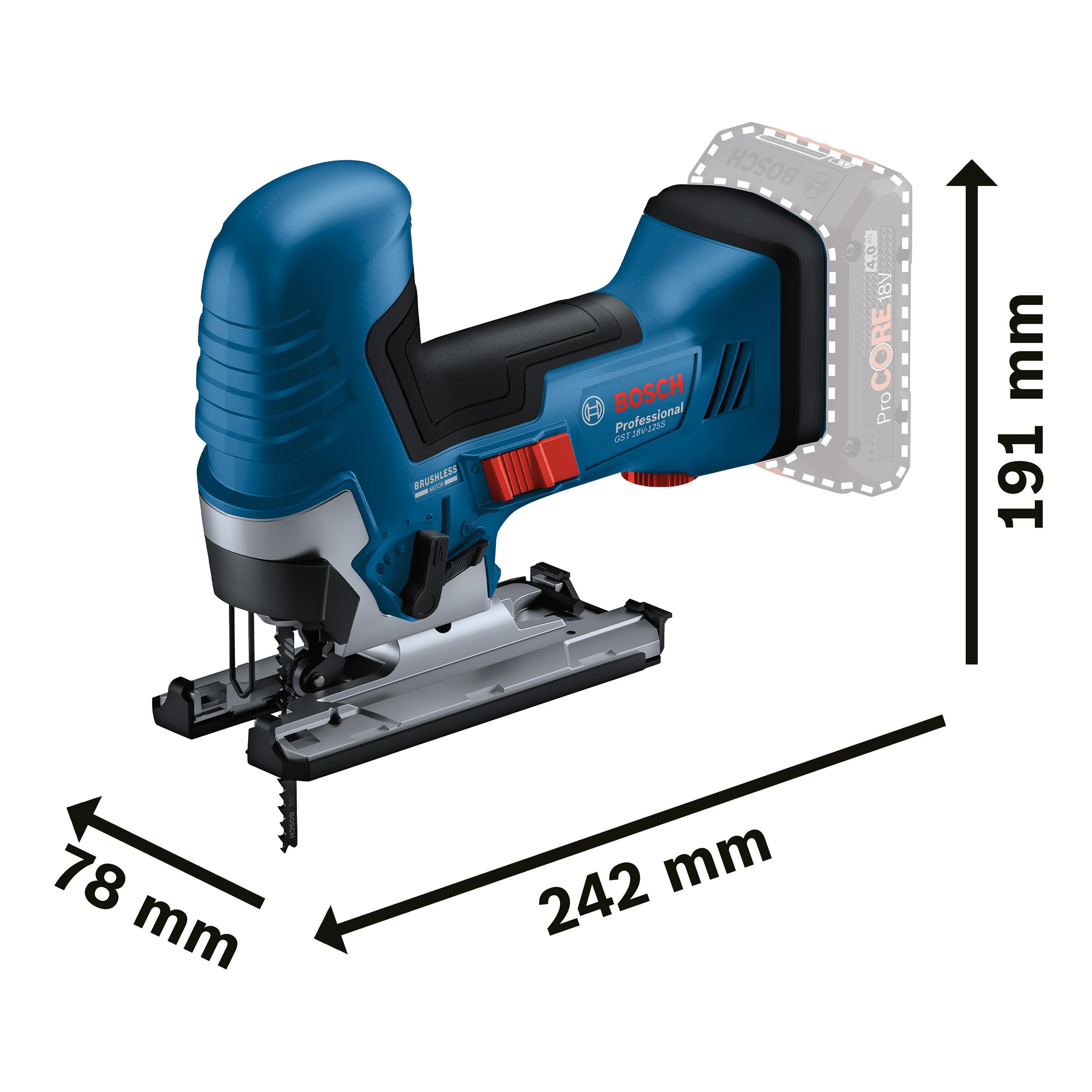 Bosch Professional Bezprzewodowa wyrzynarka systemu 18 V GST 18V-125 S (idealna do cięcia zakrzywionego i poprzecznego, uchwyt ostrza SDS, w zestawie 1 x brzeszczot do wyrzynarki, zestaw do odsysania