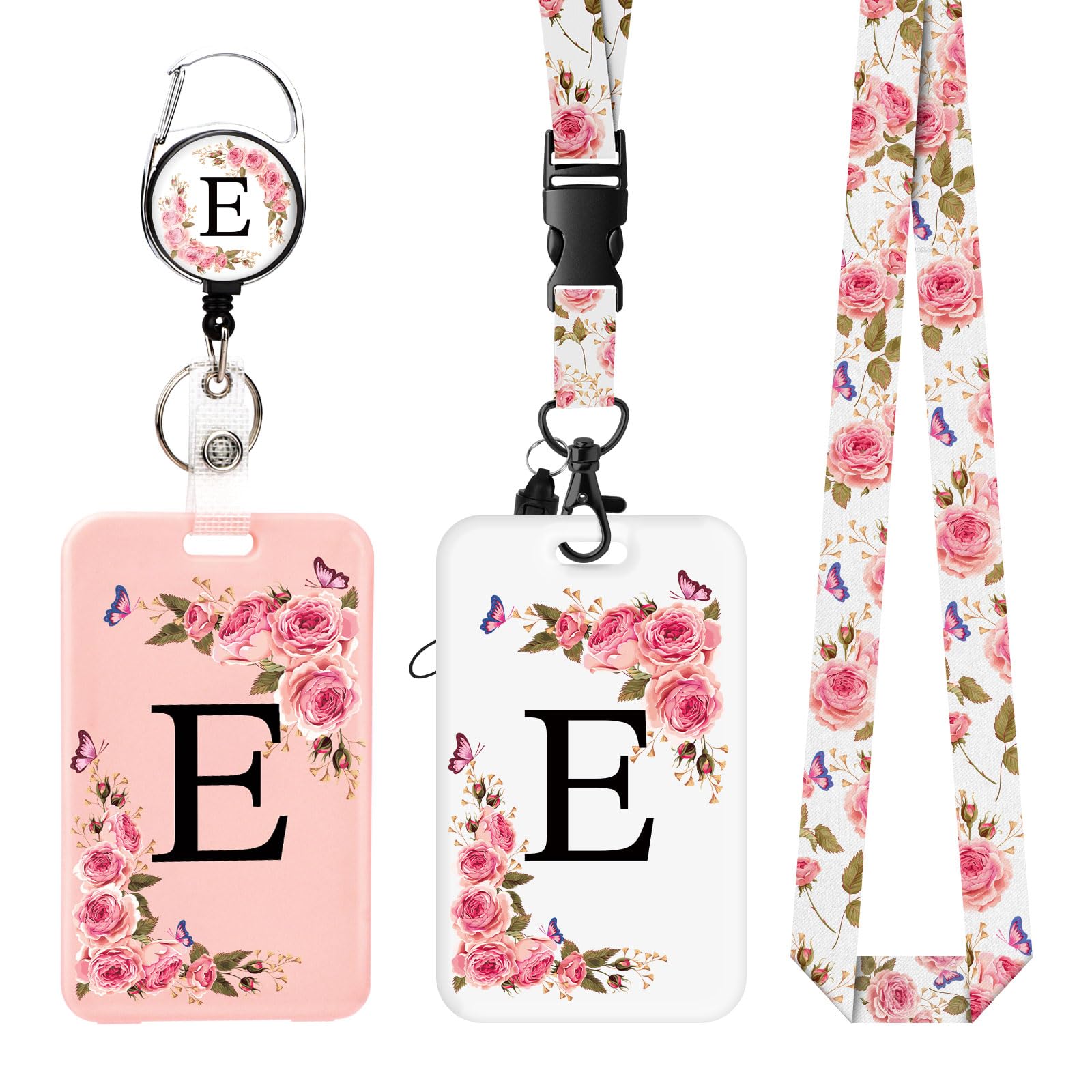 Paquete de 2 Porta Tarjetas Identificativas con Letras A-Z, Correa Desmontable y Clip Retráctil, Porta Tarjetas Personalizado con Enrolladores (E)
