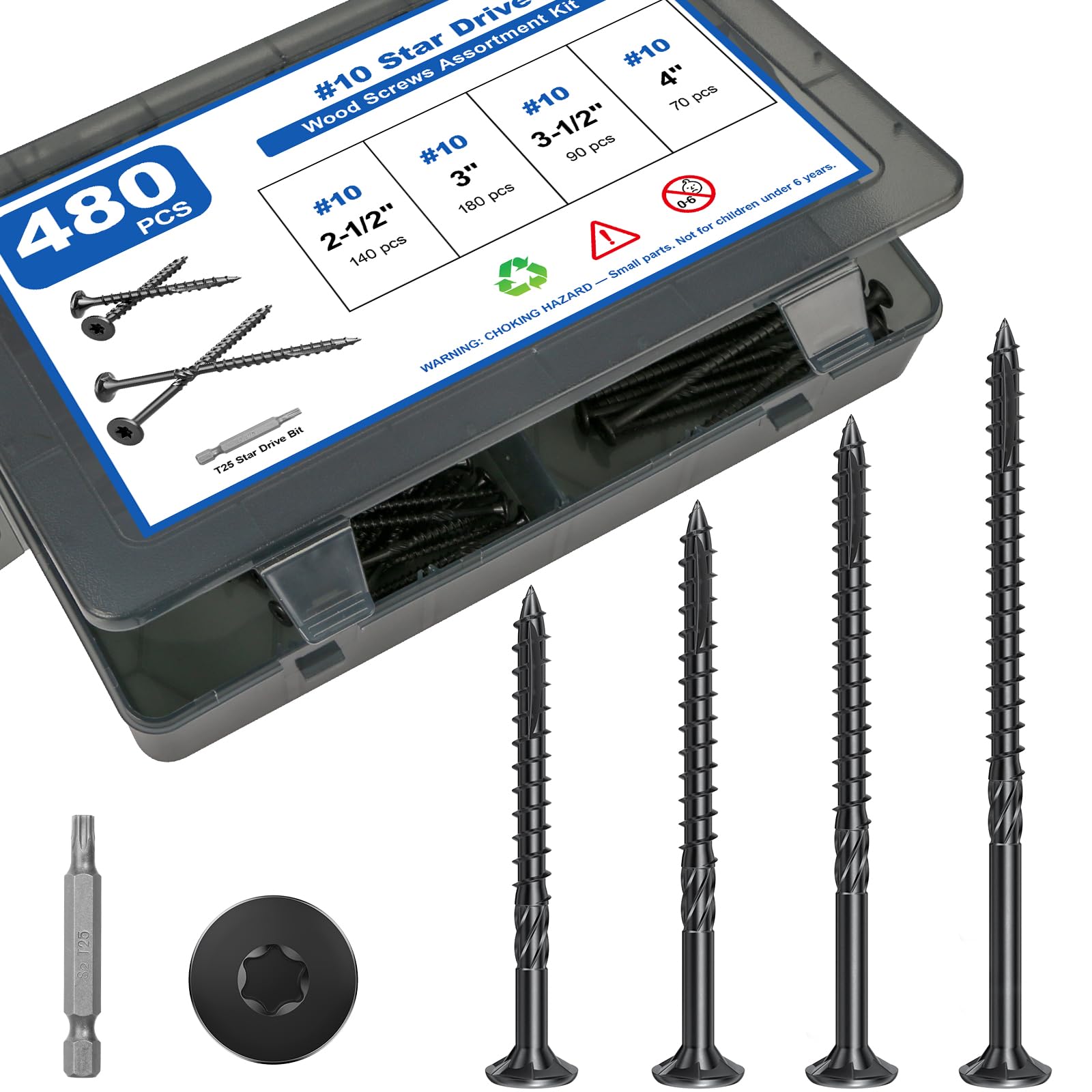 480 Stück Deckschrauben, #10 Holzschrauben-Sortiment-Set, 4 Größen, sortiert, rostbeständige Torx-Schrauben mit Flachkopf, schwarzes Schraubenset für Holzbearbeitungsprojekte, Stern-Bit im